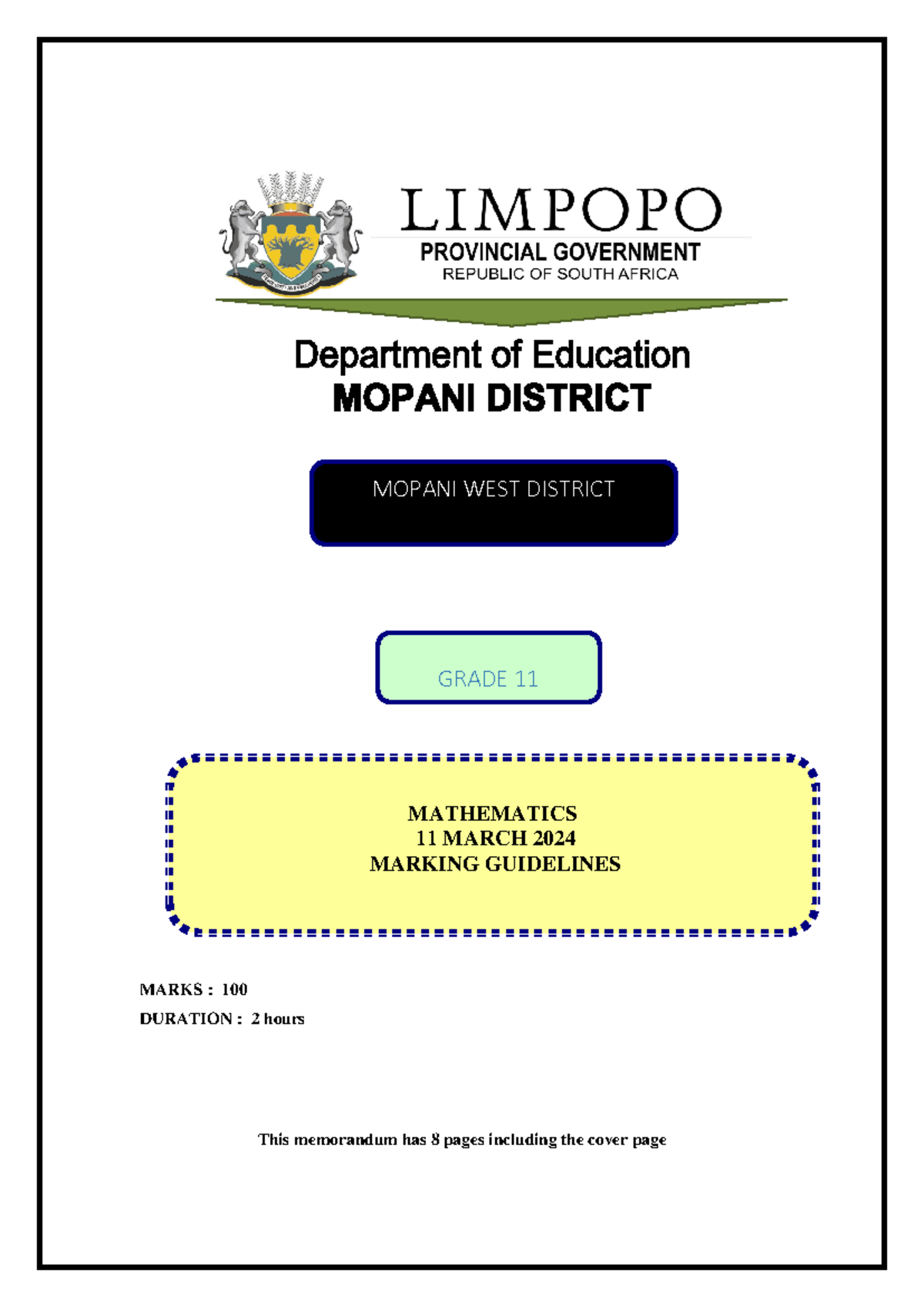 Mathematics Grade 11 MEMO Term 1 Test 2024 Answers & Guidelines - Studocu