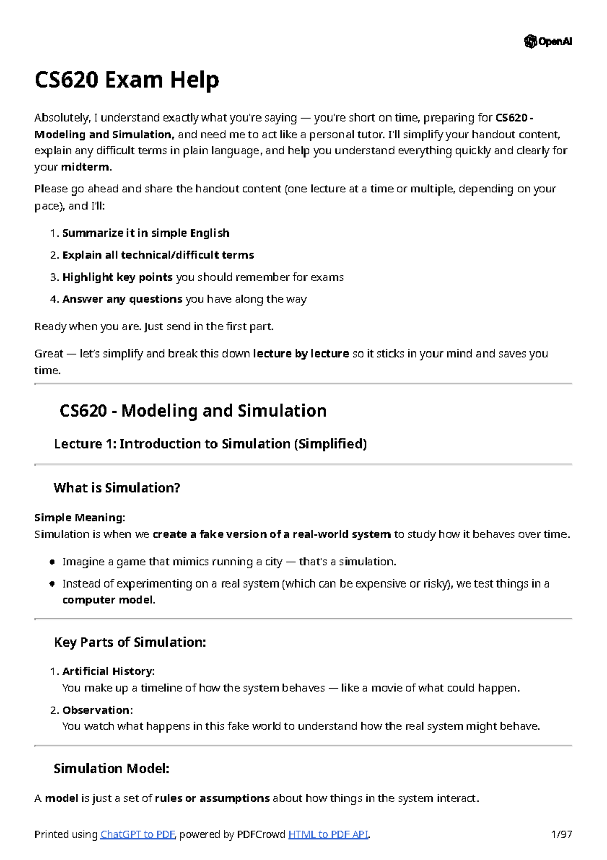 CS620 Midterm Exam Study Guide: Simplified Notes on Modeling ...