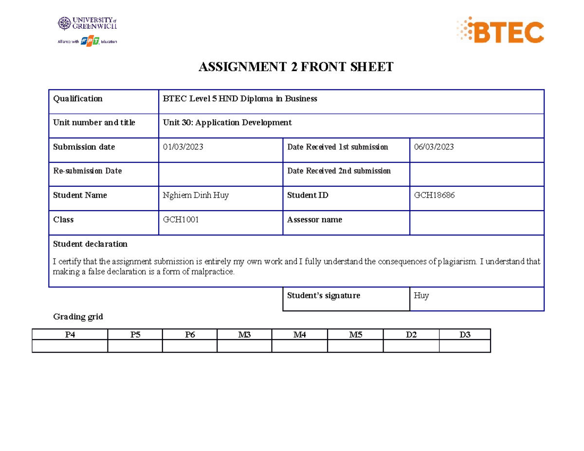 A2-1670-Huy - asm2 - ASSIGNMENT 2 FRONT SHEET Qualification BTEC Level ...