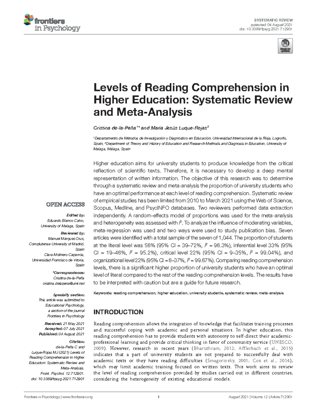 Levels of Reading Comprehension in Higher Education: A Systematic ...
