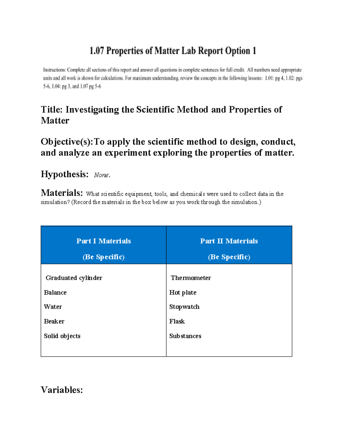 1.07 properties of matter lab report - Title: Investigating the ...