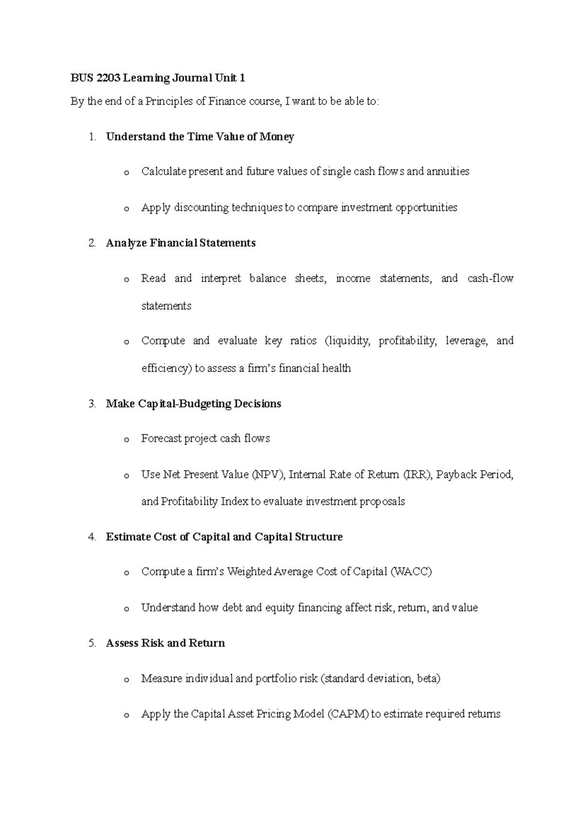 BUS 2203 Learning Journal Unit 1: Principles of Finance Insights - Studocu