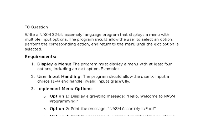 T8 Assembly Program: Menu Options & User Input Handling - Studocu