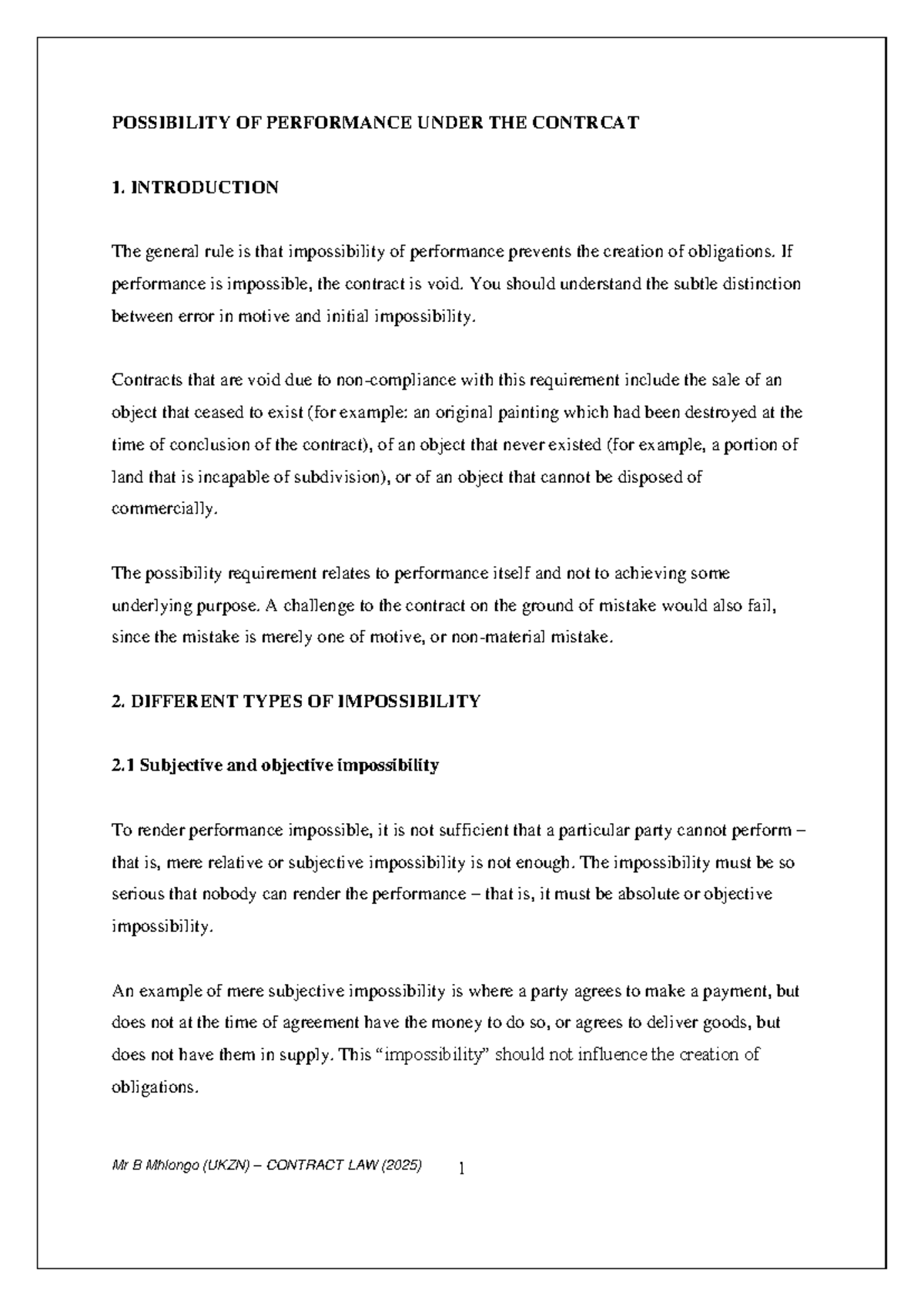 POSSIBILITY OF PERFORMANCE UNDER CONTRACT LAW (UKZN 2025) - Studocu
