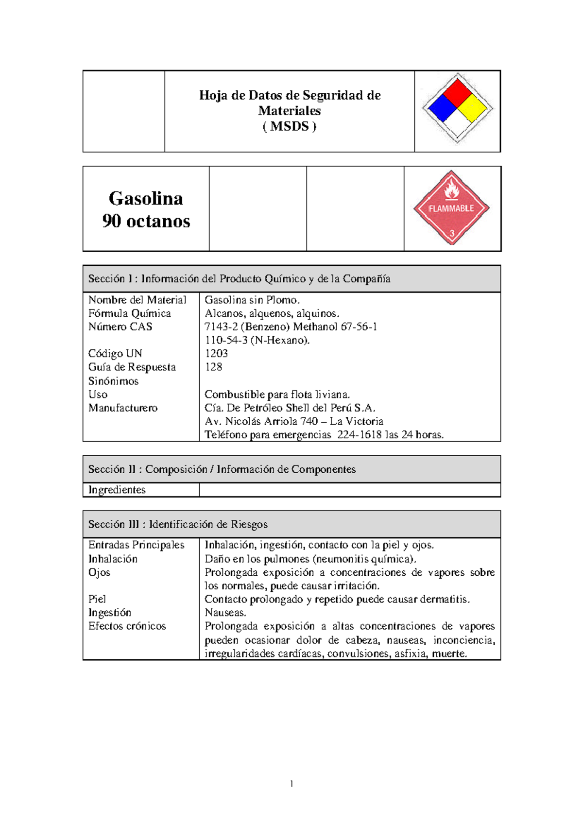 MSDS Gasolina 90 Octanos - Ficha de Seguridad Shell - Document Preview