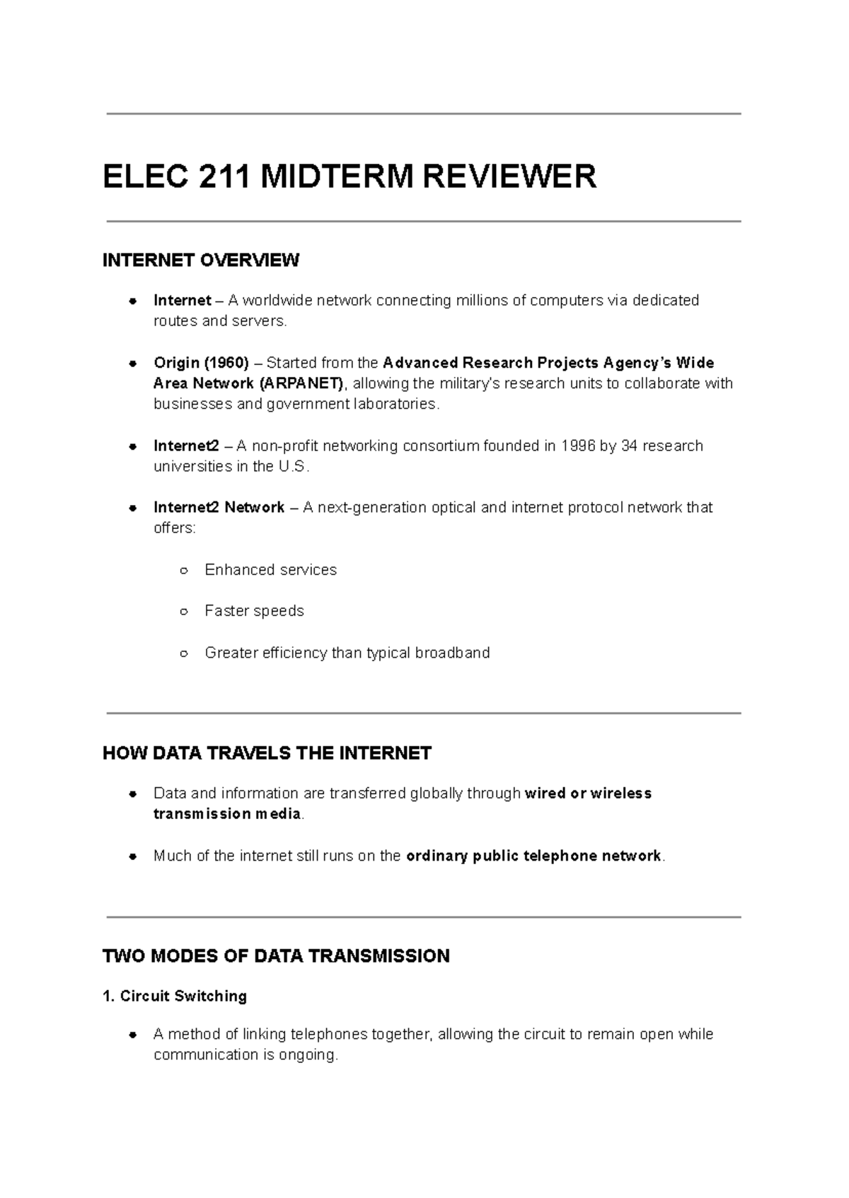 ELEC 211 Midterm reviewer: Internet overview and data transmission ...