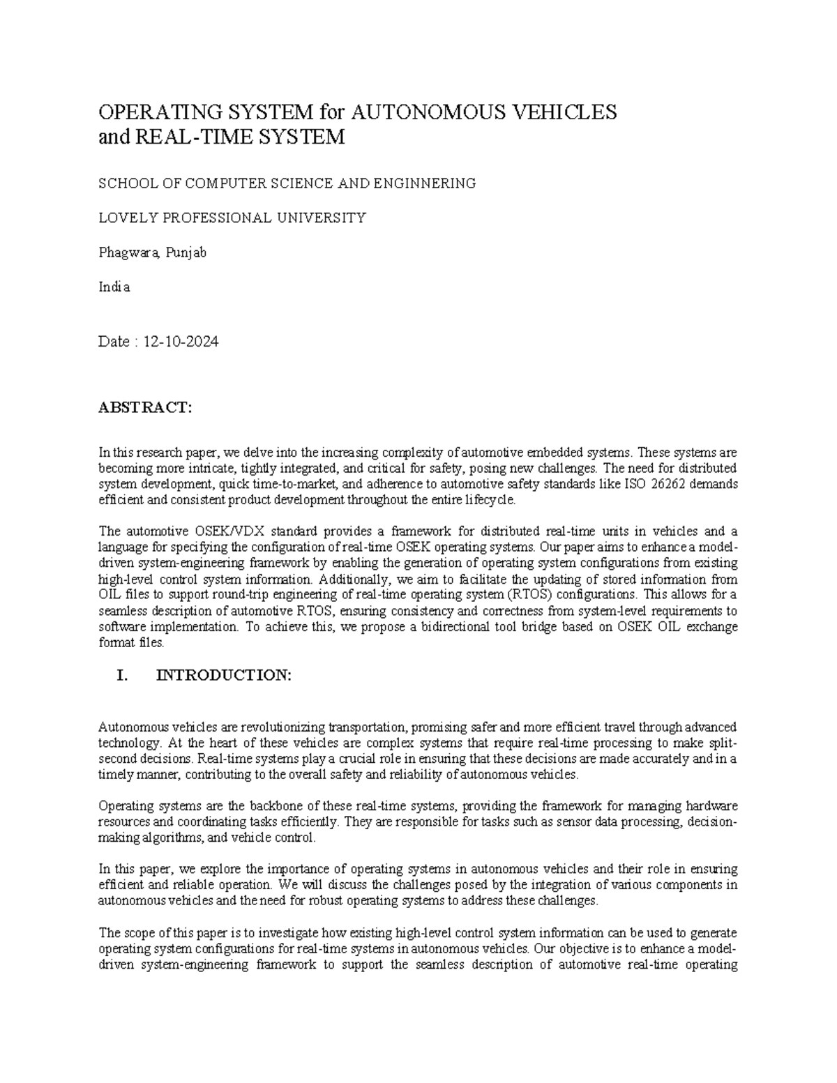 Operating Systems for Autonomous Vehicles: A Comprehensive Study (CS ...