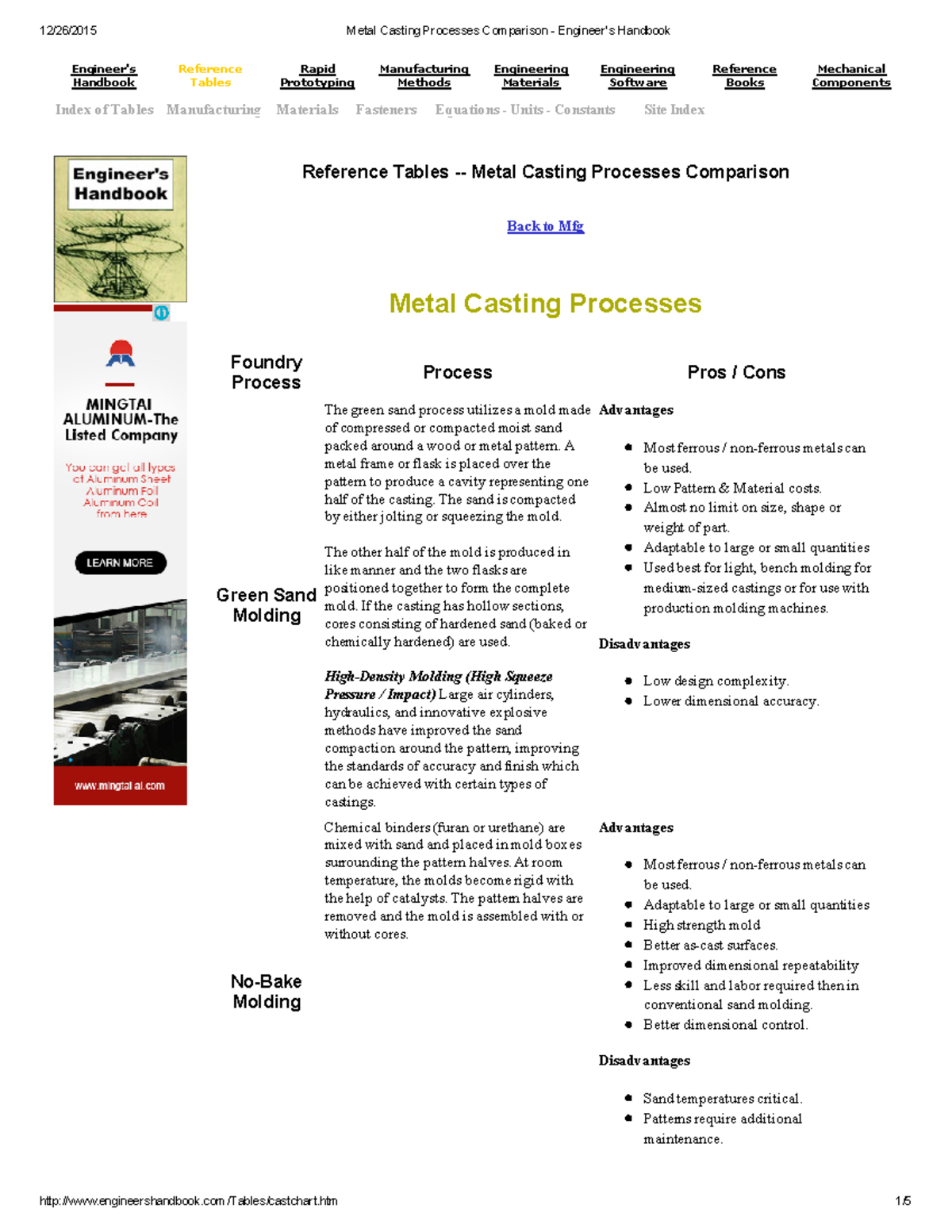 Comparison of Metal Casting Processes - Engineer's Handbook - Studocu