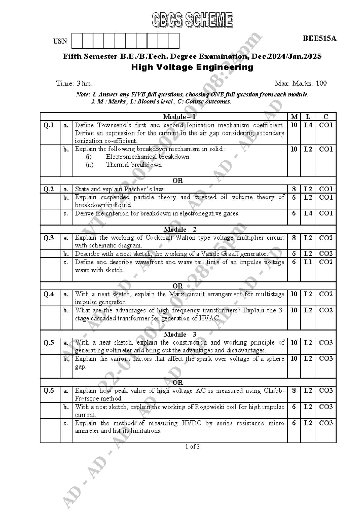 High Voltage Engineering Exam Notes BEE515A Dec 2024-Jan 2025 - Studocu