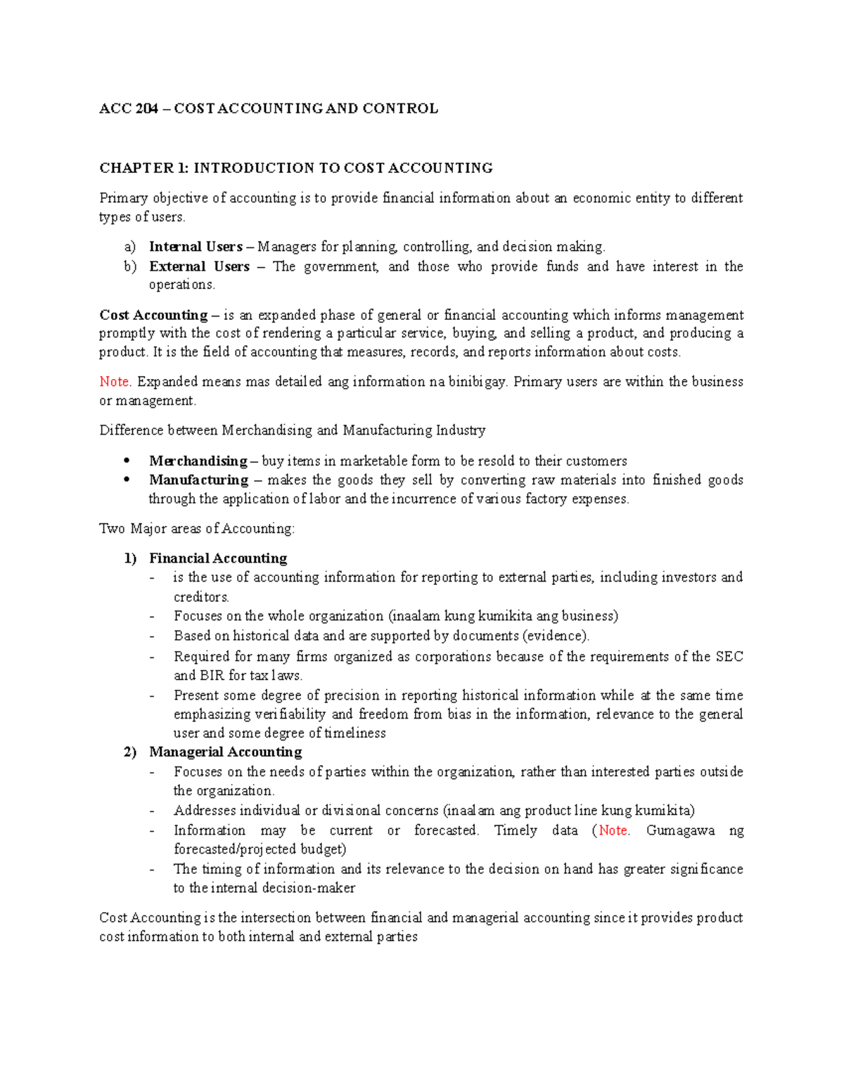 Cost Accounting and Control Overview (ACC204) - Chapters 1-3 Notes ...