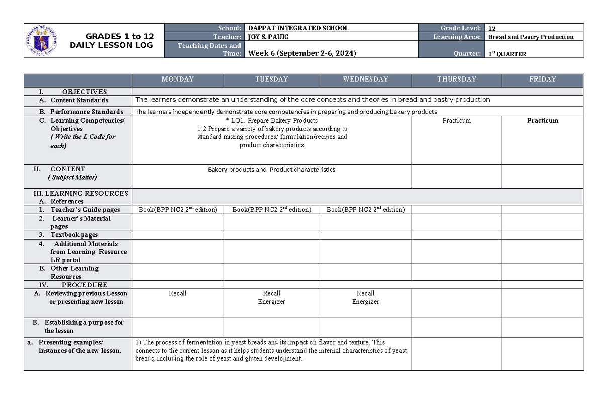 DLL for Bread and Pastry Production (BPP) - Week 6 Lesson Plan - Studocu