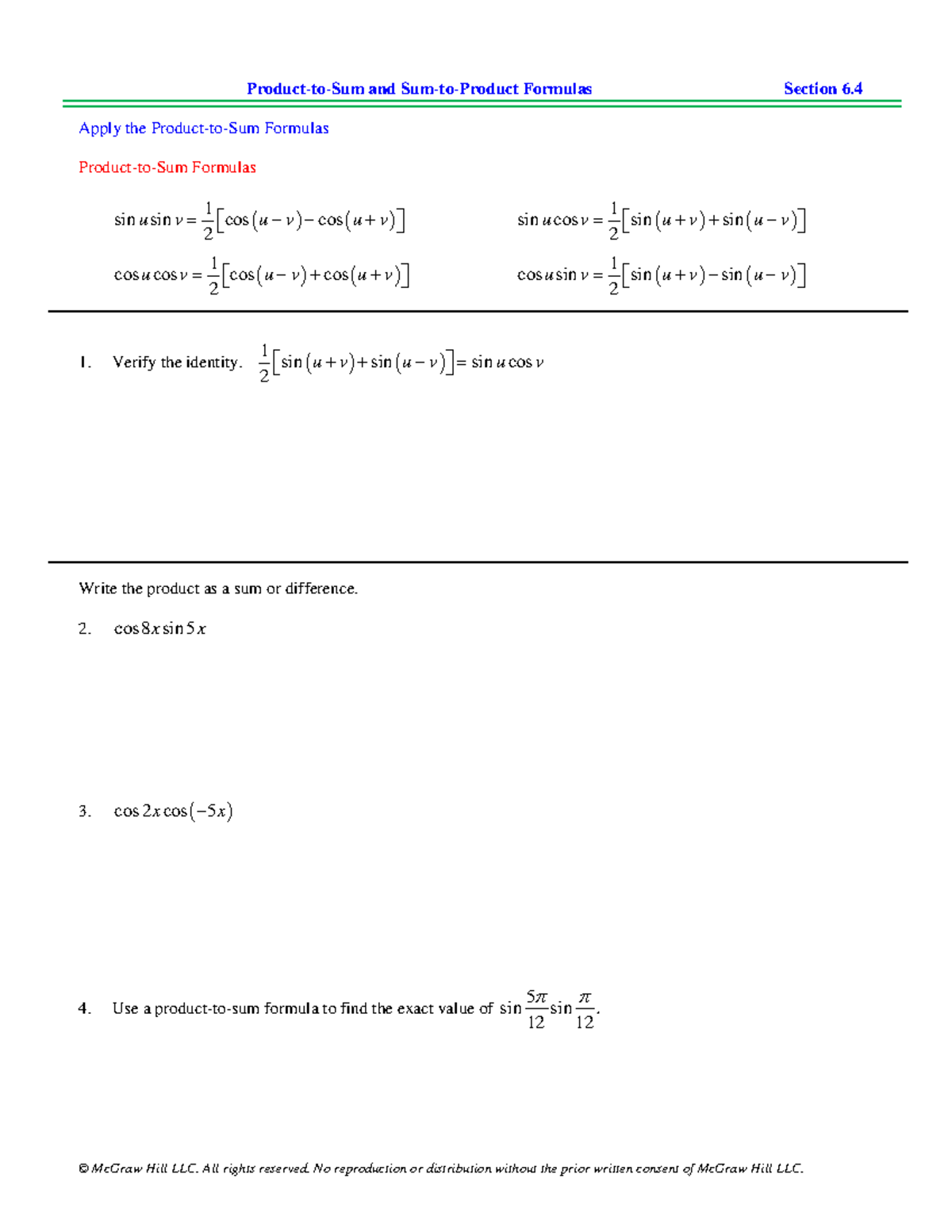 Product-to-Sum and Sum-to-Product Formulas: Section 6.4 Notes - Studocu