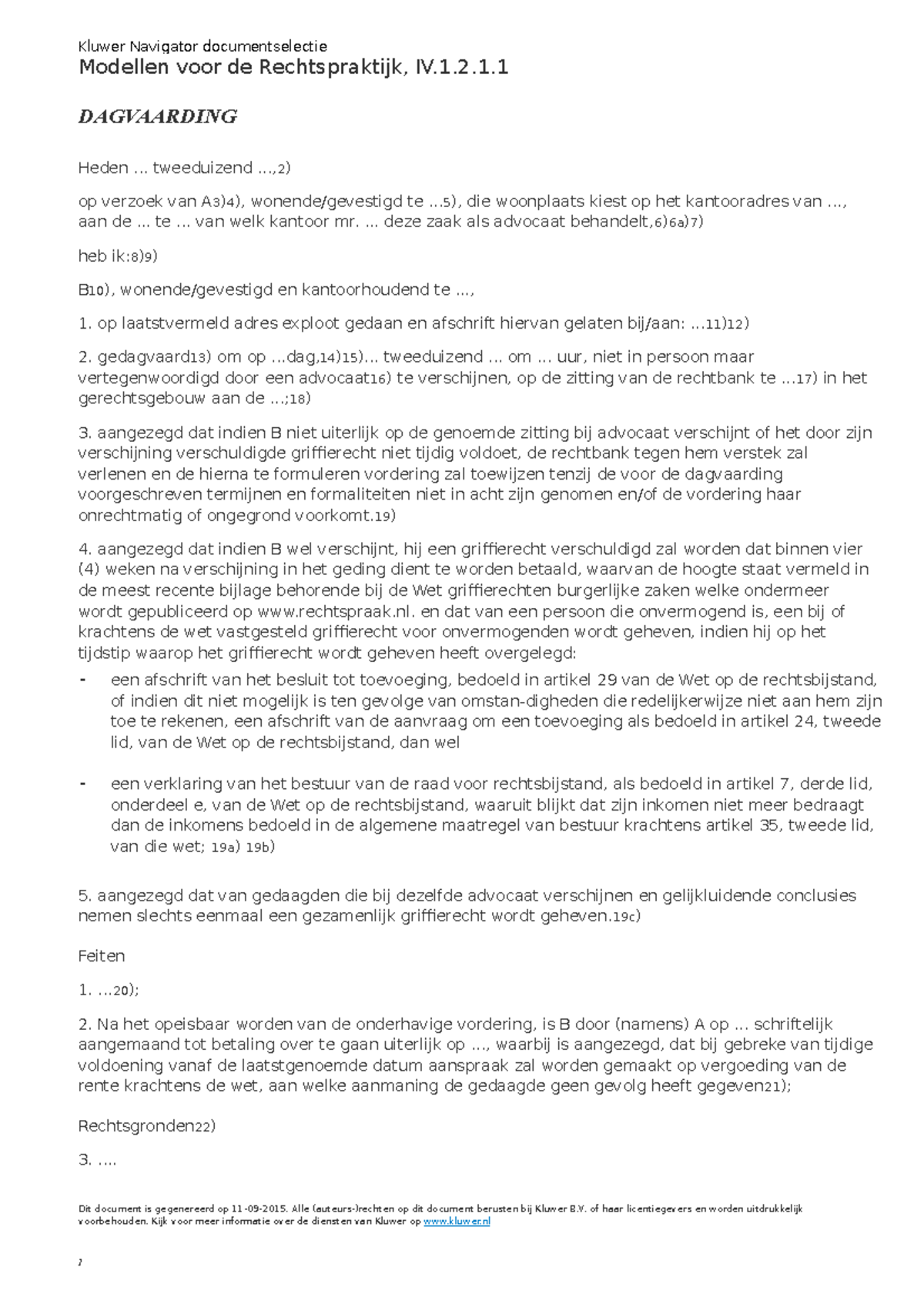 Model Dagvaarding - Kluwer Navigator Documentselectie Rechtspraktijk ...