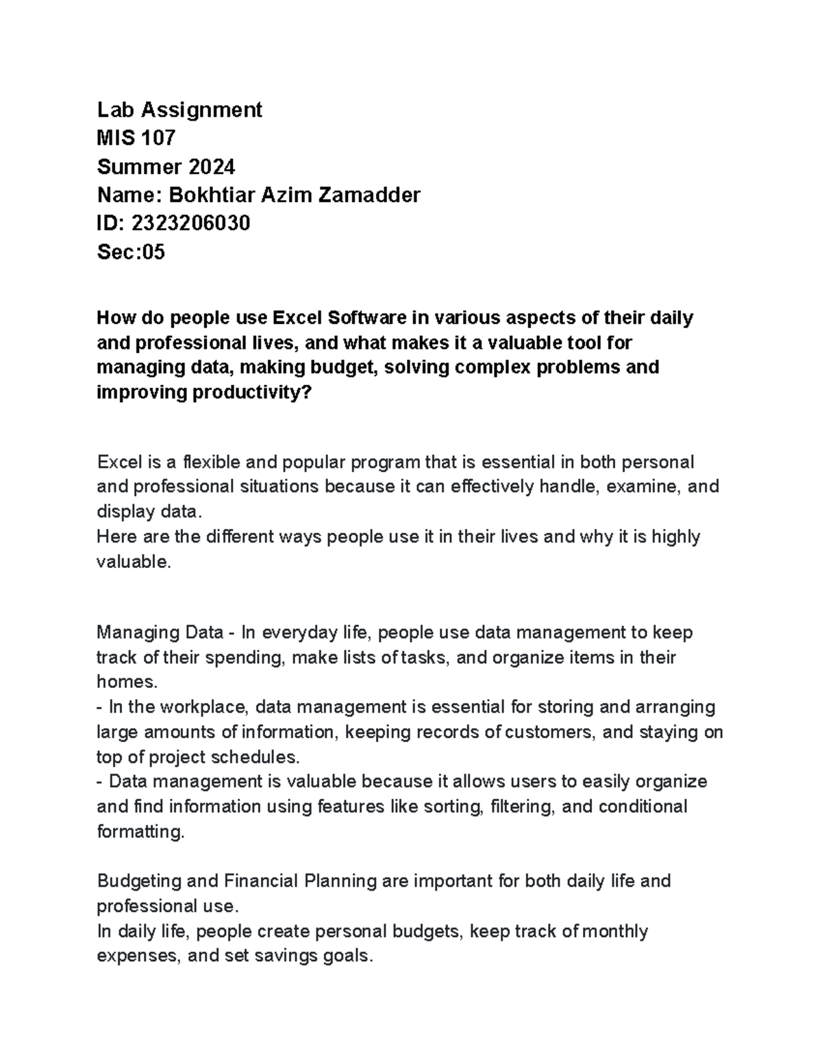 MIS107 Lab Assignment: Exploring Excel's Role in Daily & Professional ...