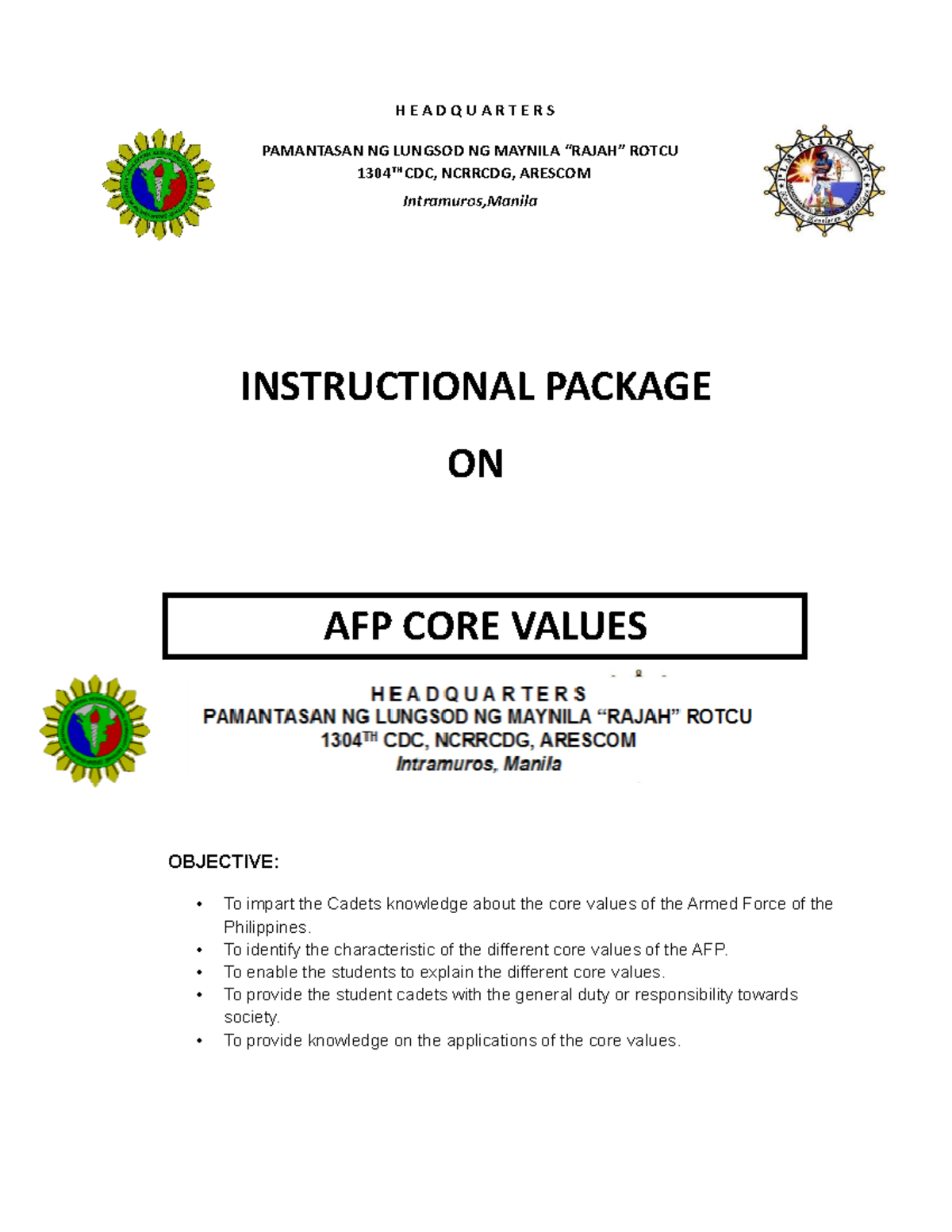 AFP Core Values Instructional Package for Cadets - Studocu