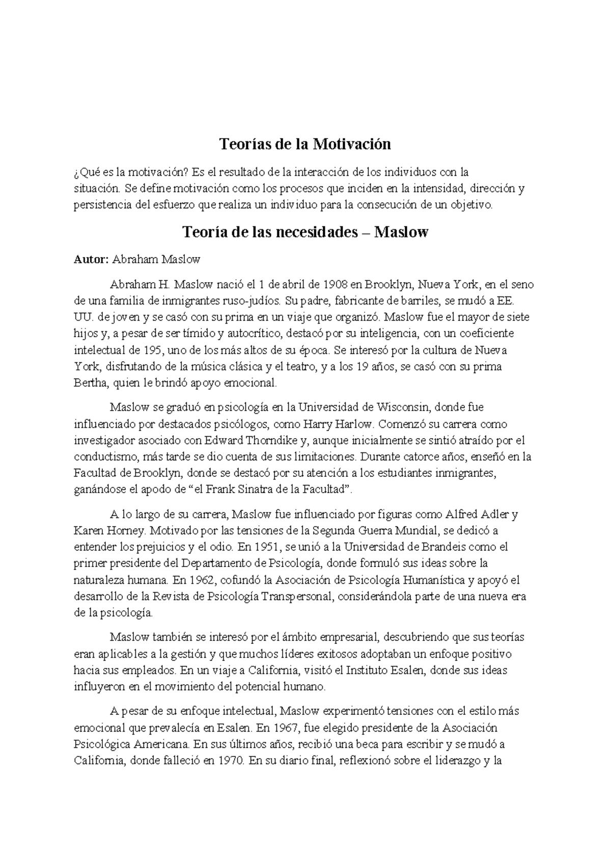 Teorías de la Motivación en Psicología: Un Análisis Completo - Studocu