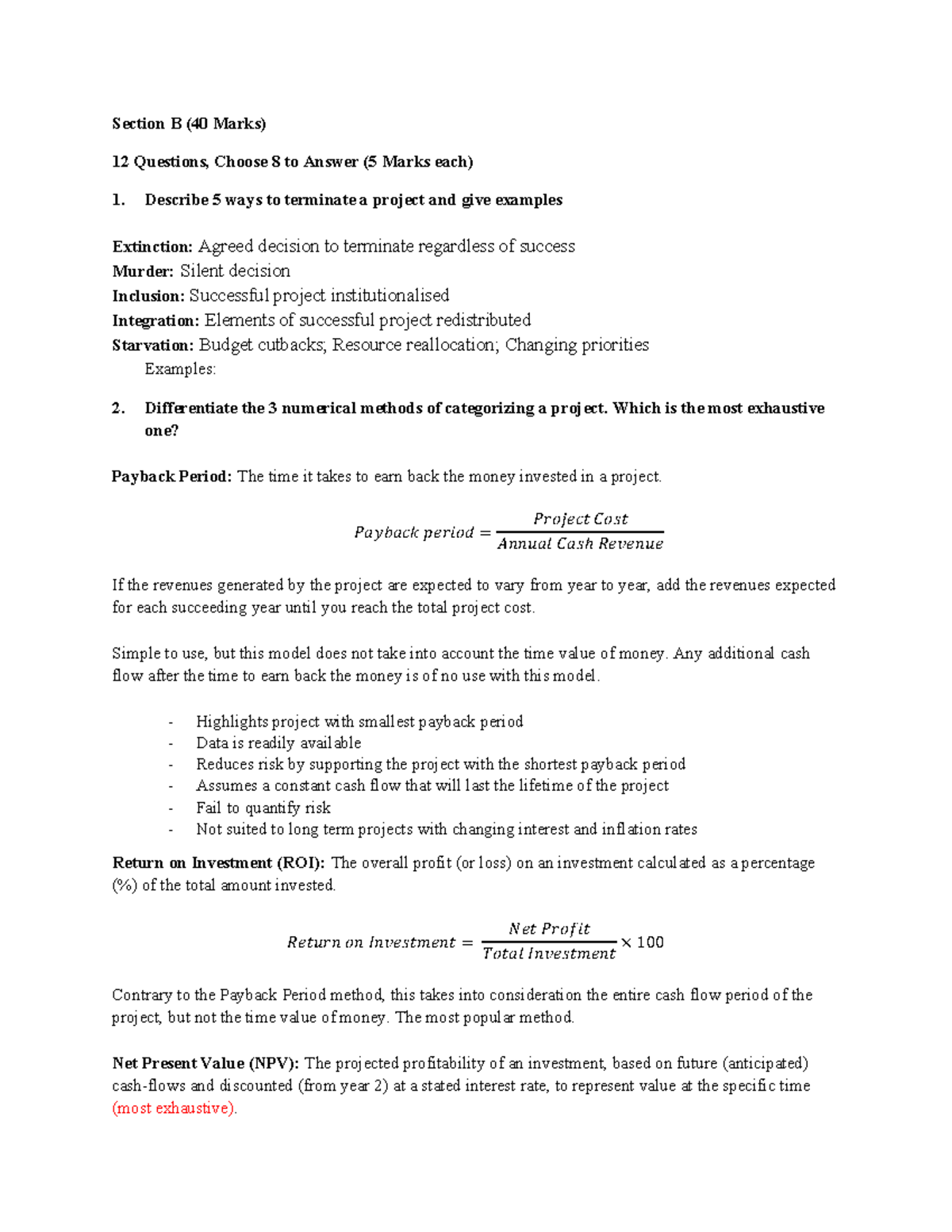 Potential Section B Questions for Project Management (40 Marks) - Studocu
