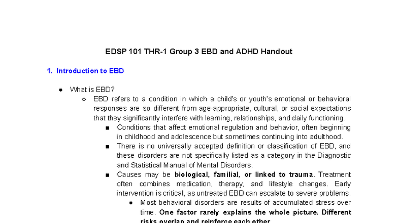 EDSP 101 Group 3 EBD and ADHD Overview and Insights Handout - Studocu