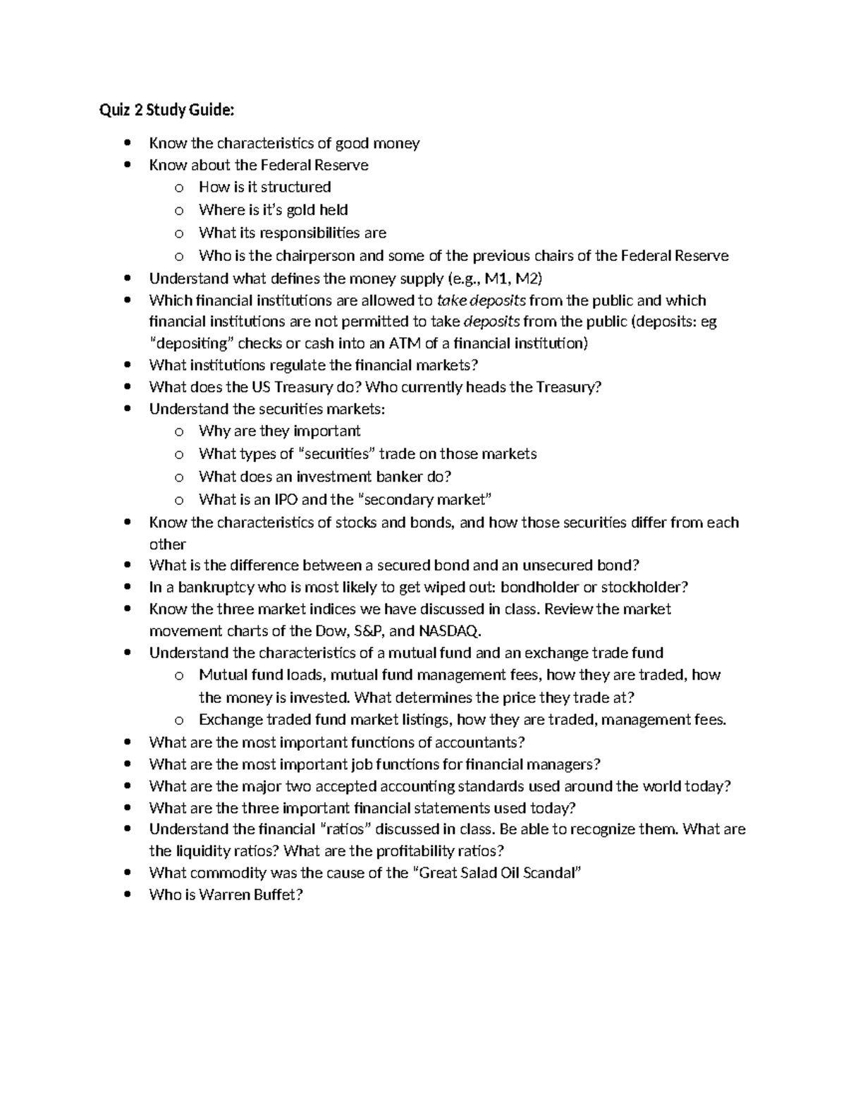 Quiz 2 Study Guide Spring 2024 - Quiz 2 Study Guide: Know the ...