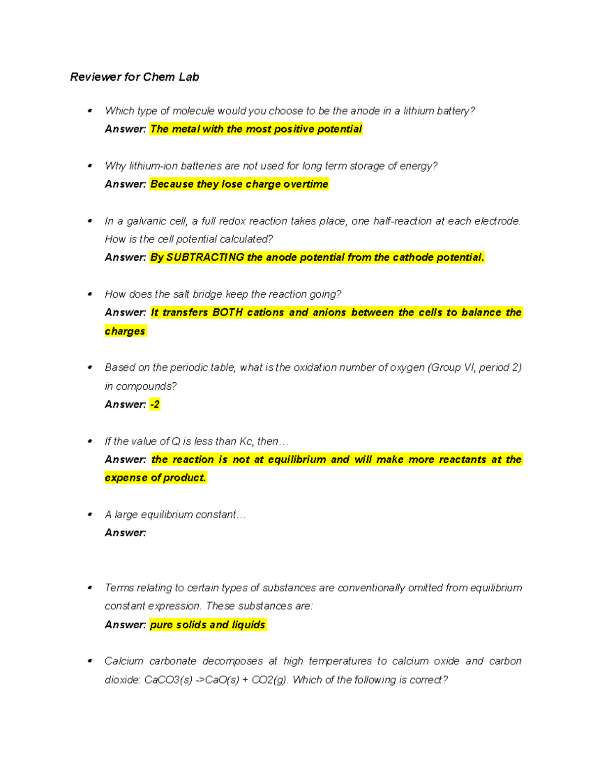 Chem Lab Review Guide: Key Concepts & Answer Summary - Studocu