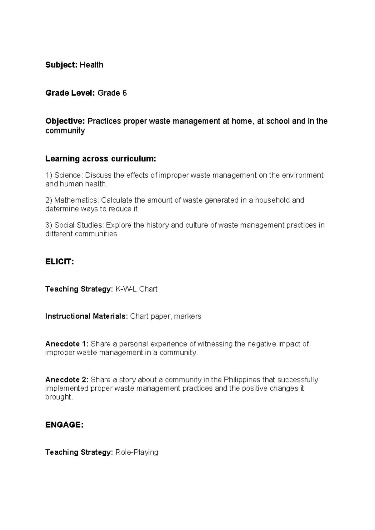 Health Lesson Plan - Waste Management for Grade 6 - Studocu