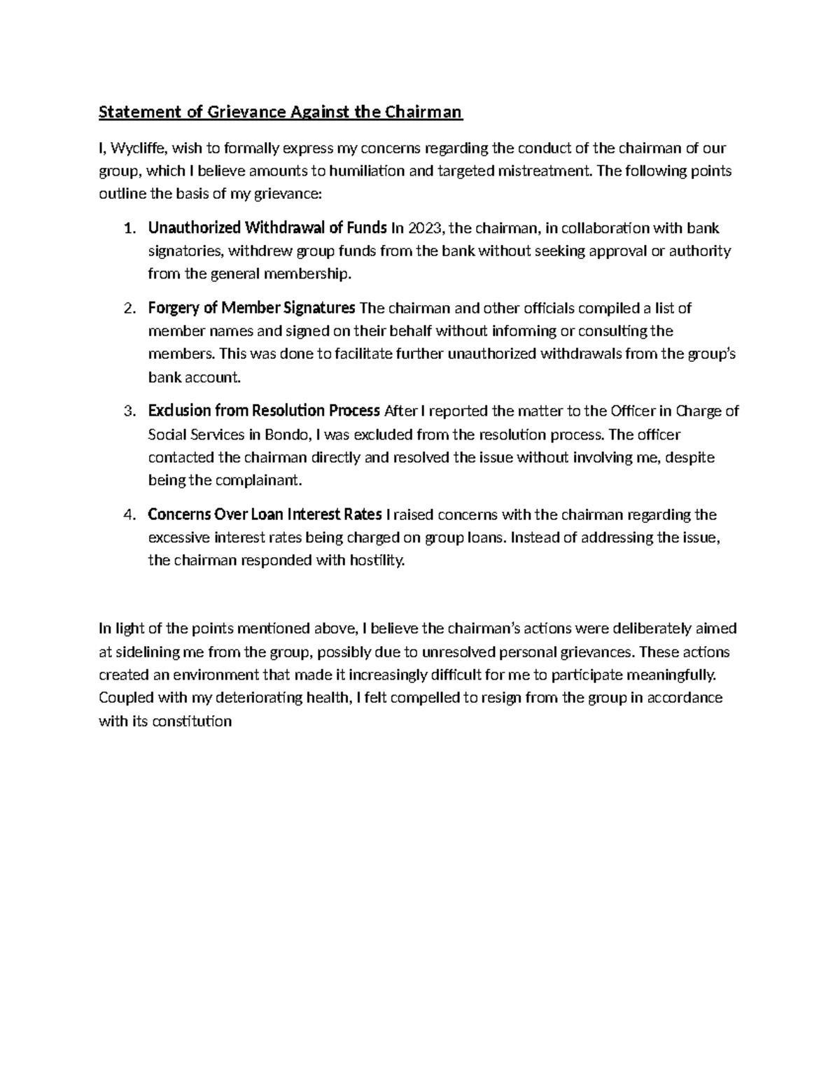 Grievance Statement Against Chairman: Wycliffe's Concerns - Studocu