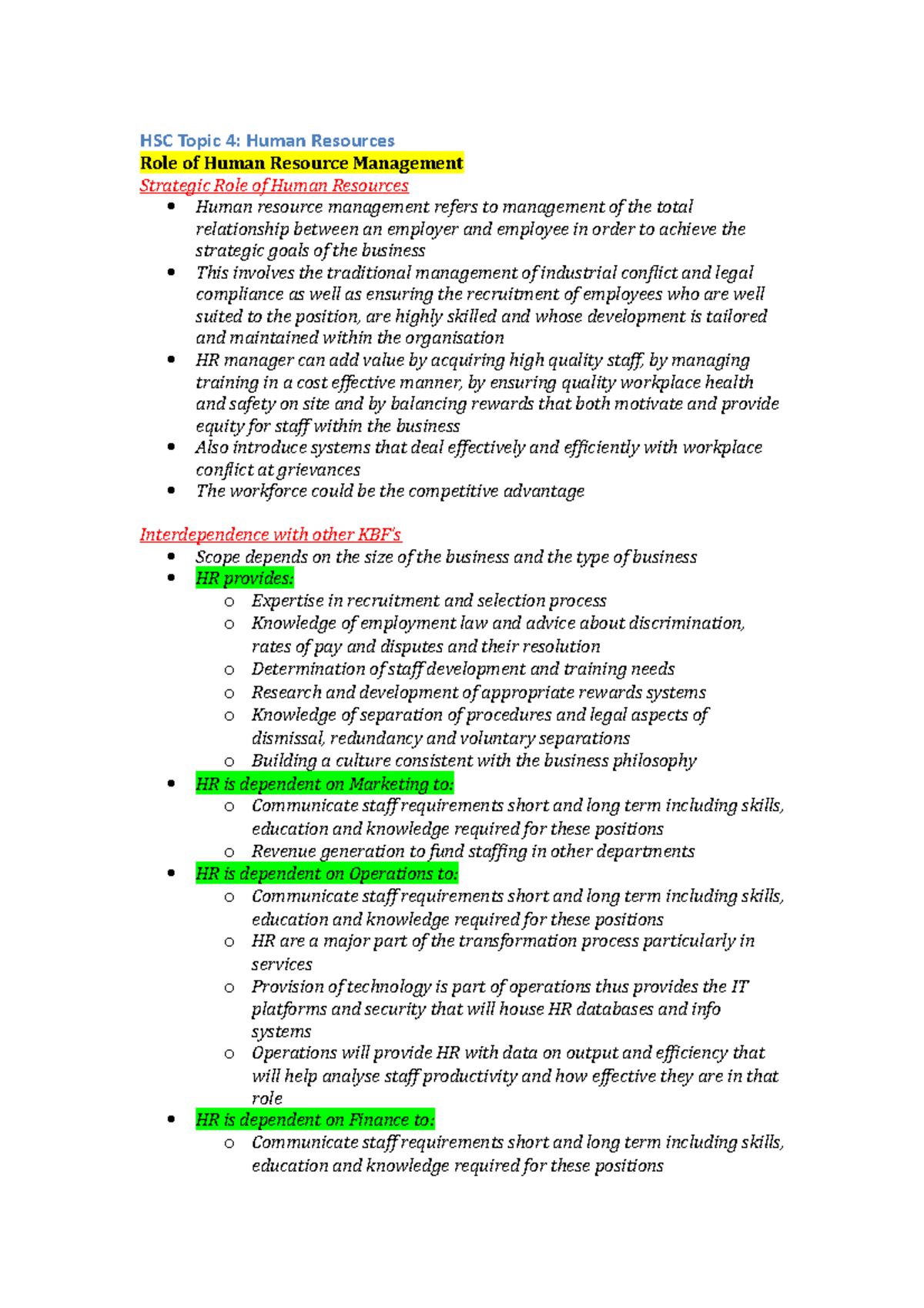 HSC HRM Topic 4: Human Resources Management Overview Notes - Studocu