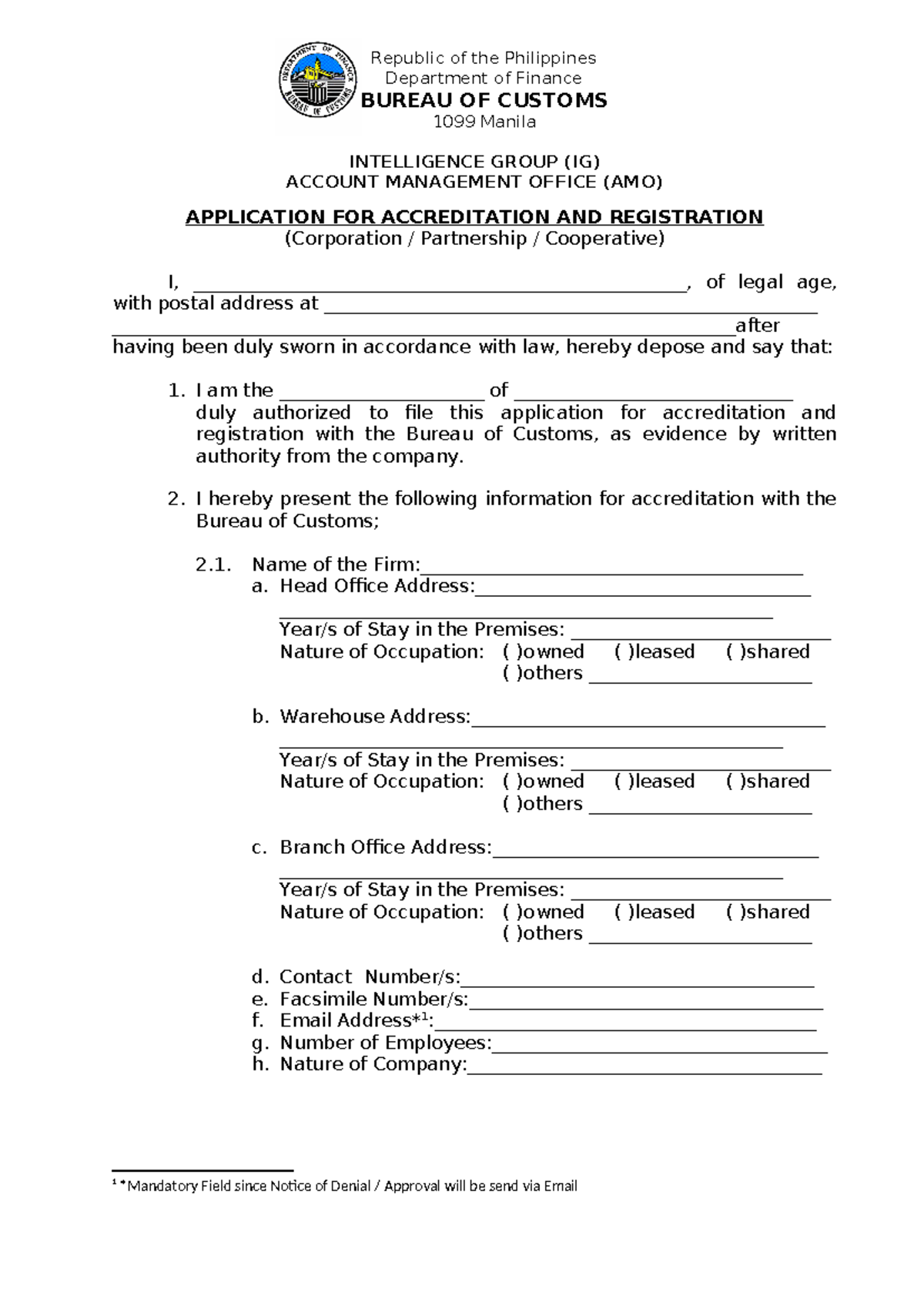 Application Form Corp - INTELLIGENCE GROUP (IG) ACCOUNT MANAGEMENT ...