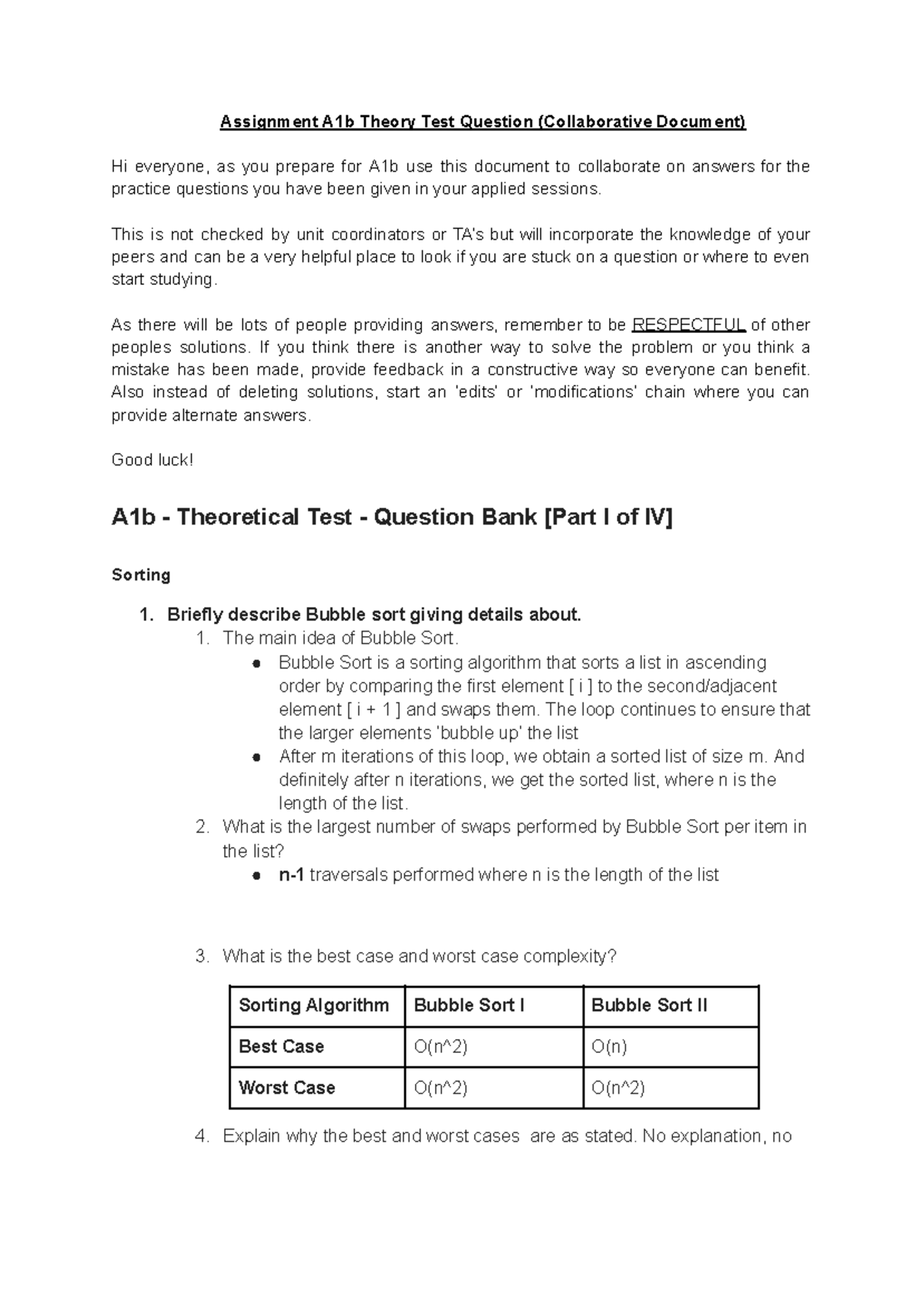 Assignment A1b Theory Test Question (Collaborative Document) - This is ...