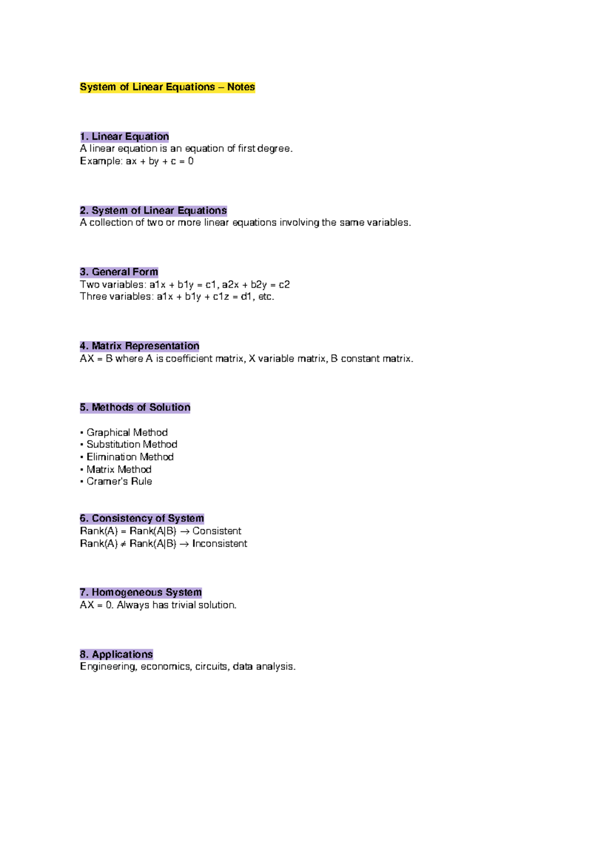 MATH 101: System of Linear Equations Study Notes - Studocu