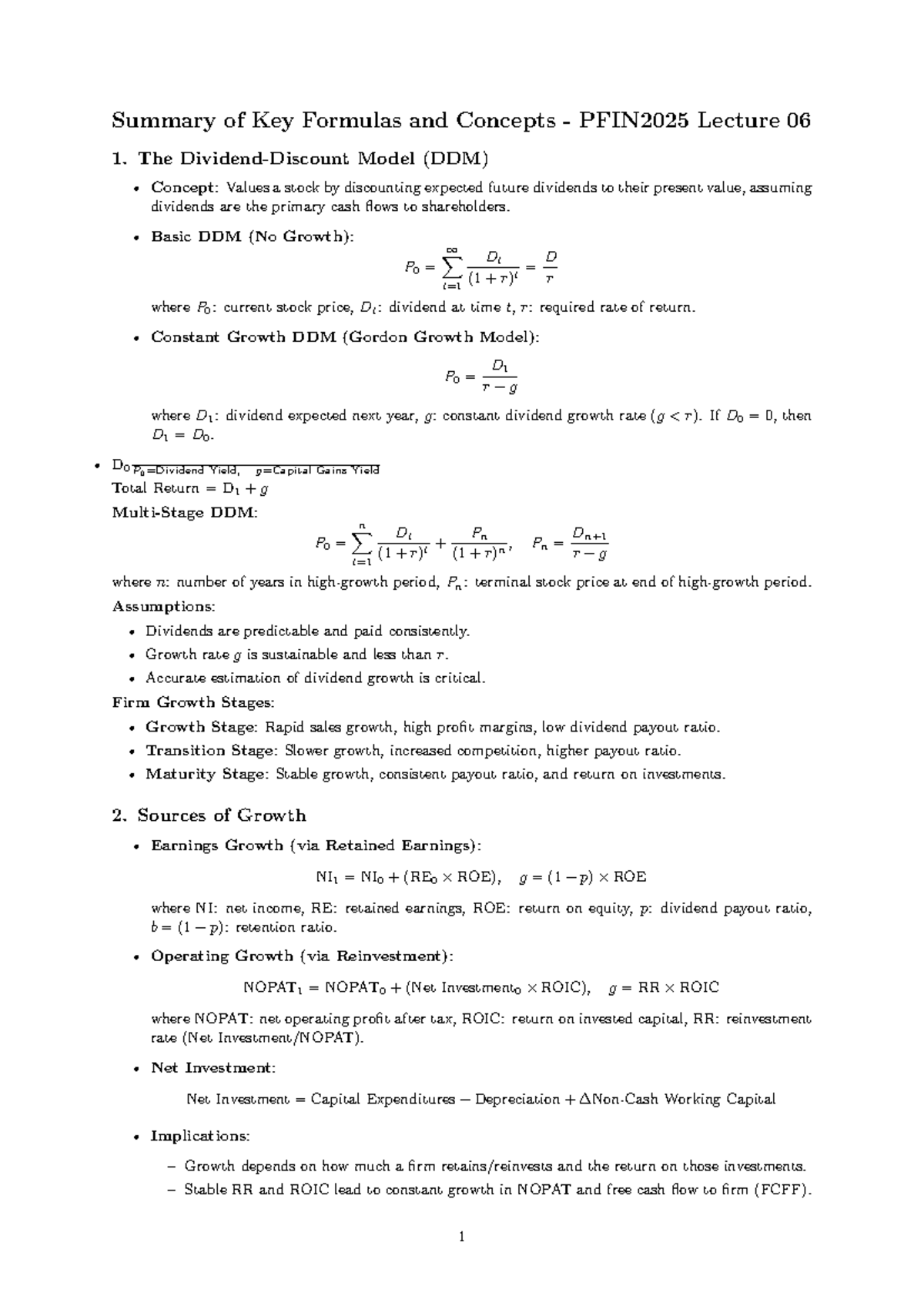 Key Formulas and Concepts for PFIN2025 Lecture 06: DDM and Valuation ...