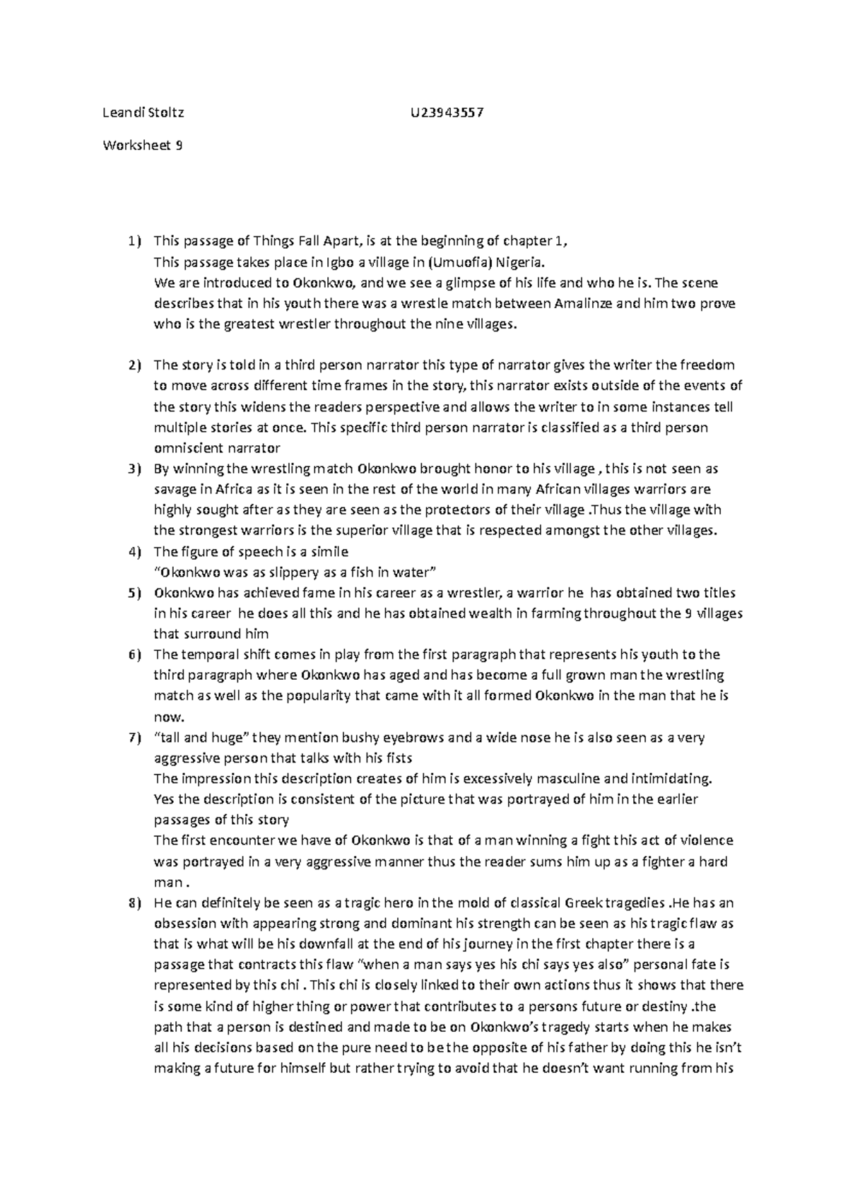 ENG 9 - Things Fall Apart: Worksheet Analysis & Key Questions - Studocu