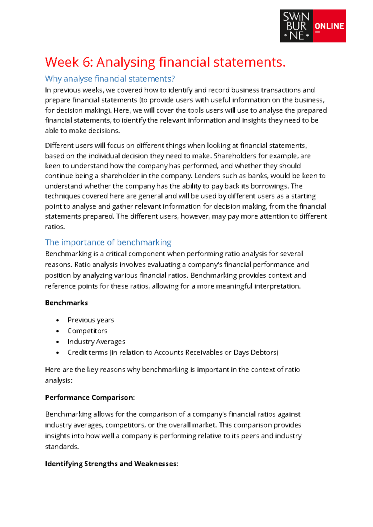ACC10007 - Week 6: Analyzing financial statements and benchmarking ...