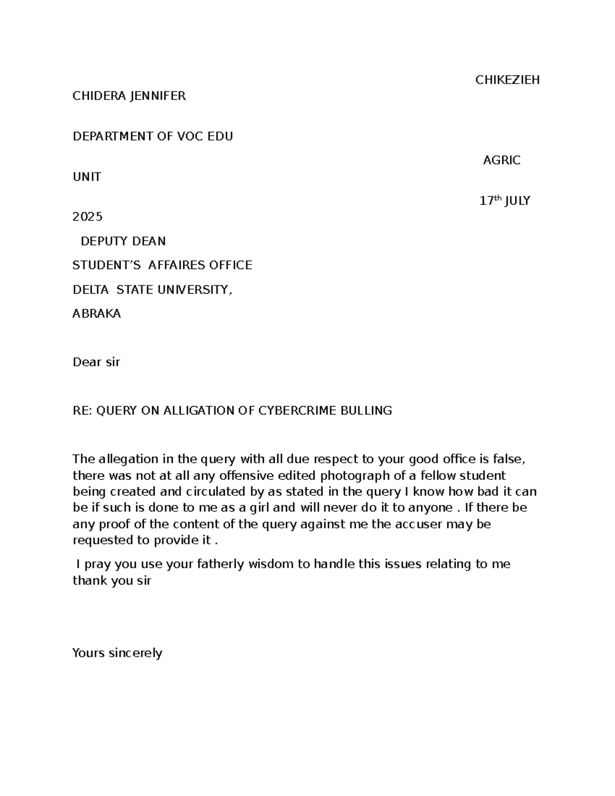 Query Response on Cybercrime Allegation - Delta State University - Studocu