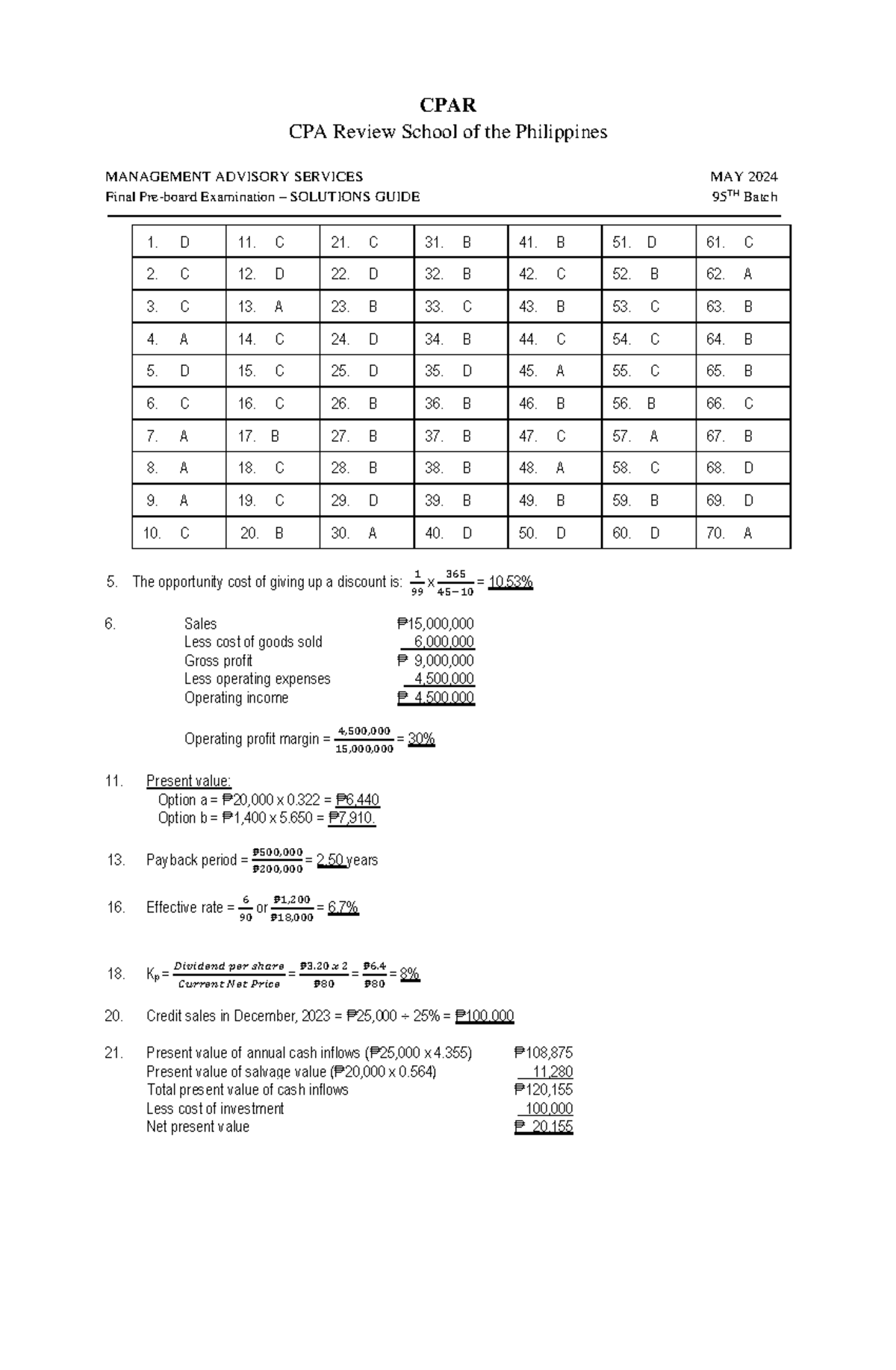 CPAR 95 MS Final Pre-Board Exam Solutions Guide May 2024 - Studocu