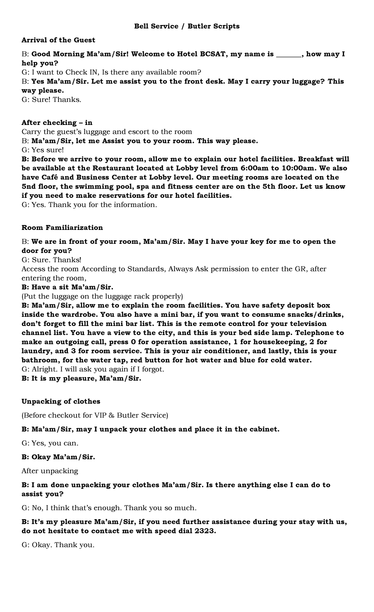 Bell Service Script for Front Office/Housekeeping Staff Training - Studocu