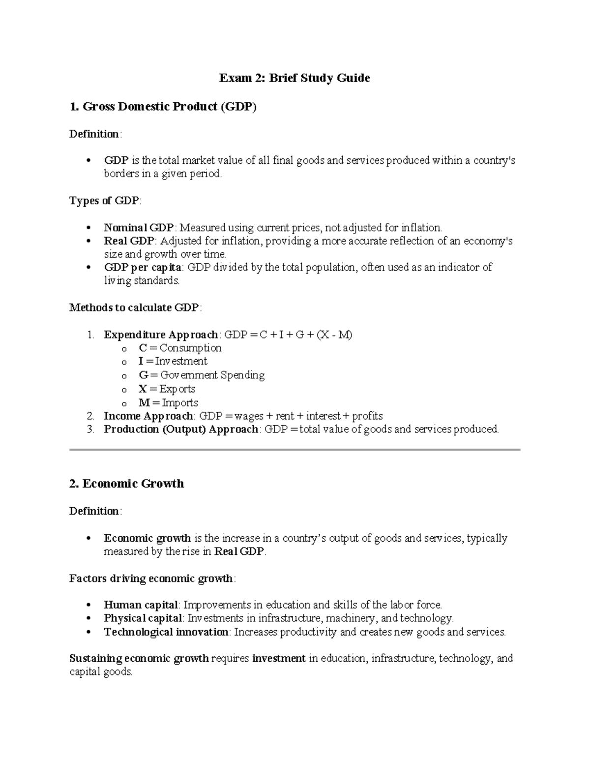 Exam 2: Comprehensive Study Guide on GDP, Economic Growth, and ...
