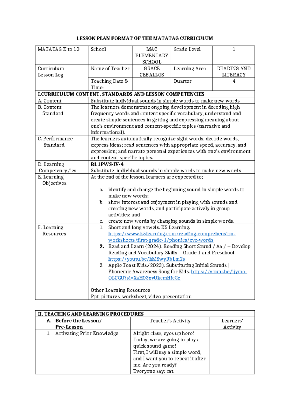 K to 10 Reading & Literacy Lesson Plan: Substituting Sounds - Studocu