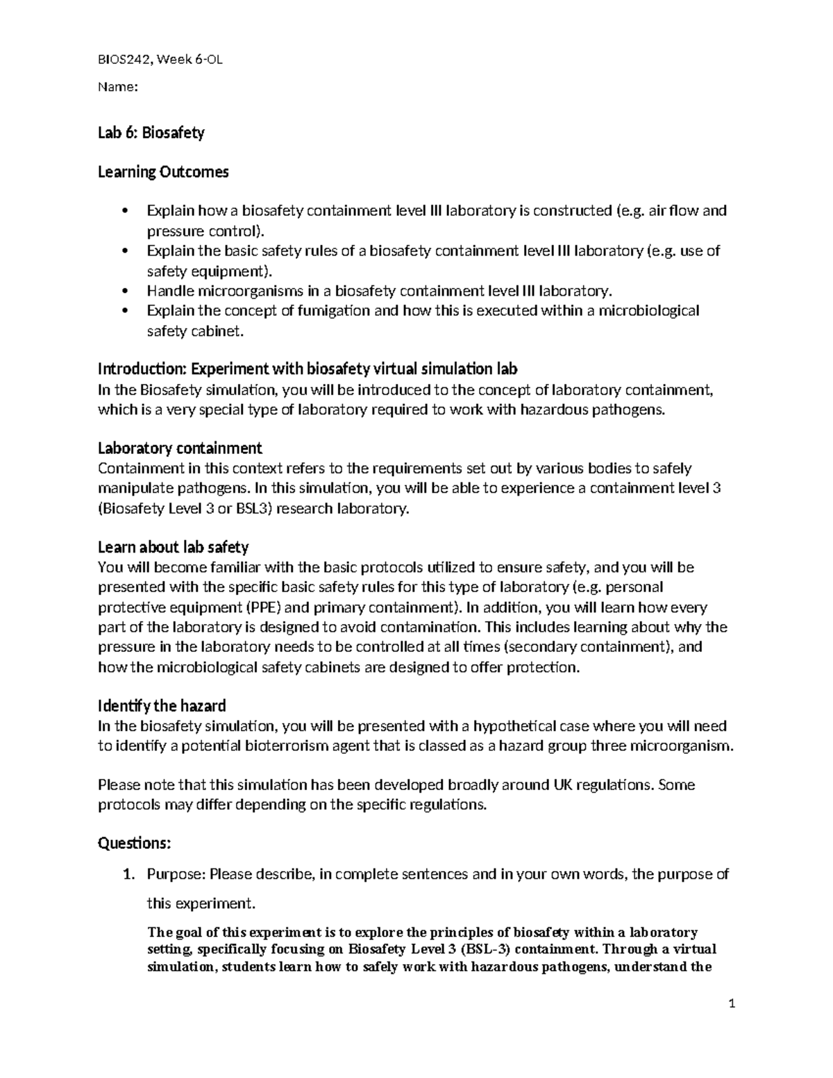 BIOS242, Lab 6: Understanding Biosafety Levels and Protocols - Studocu