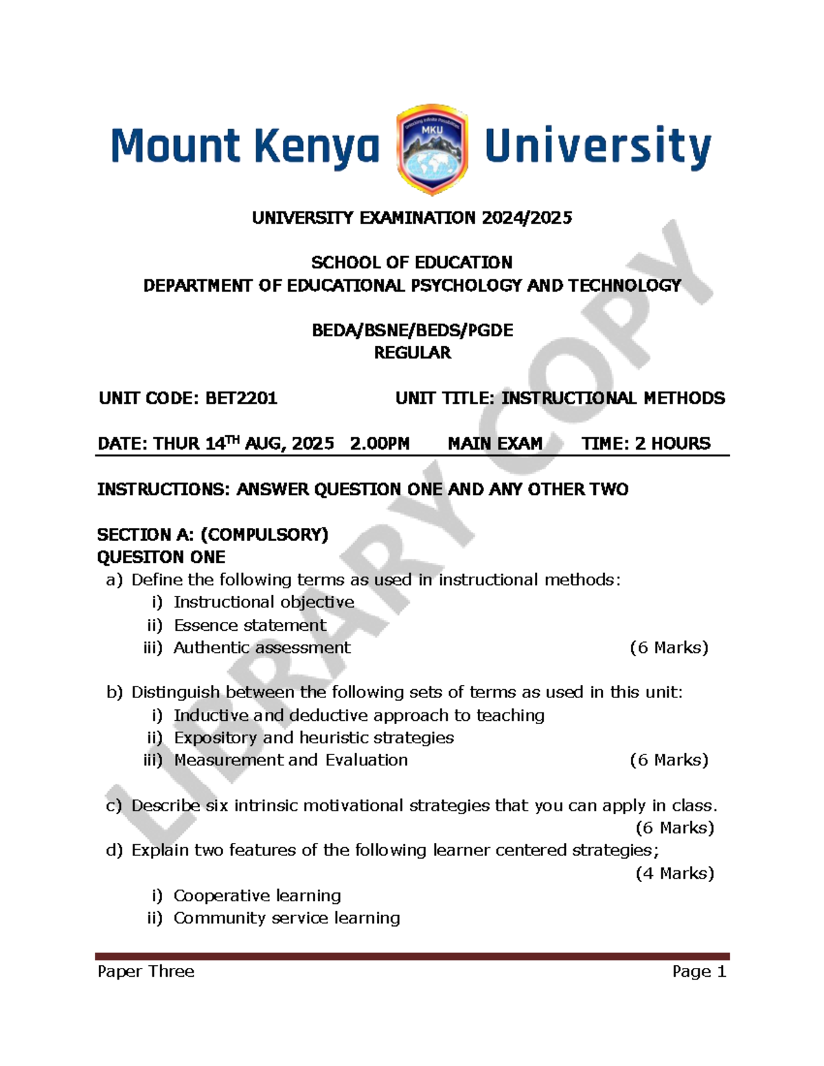 BET2201 Instructional Methods Regular Exam Guide - Studocu