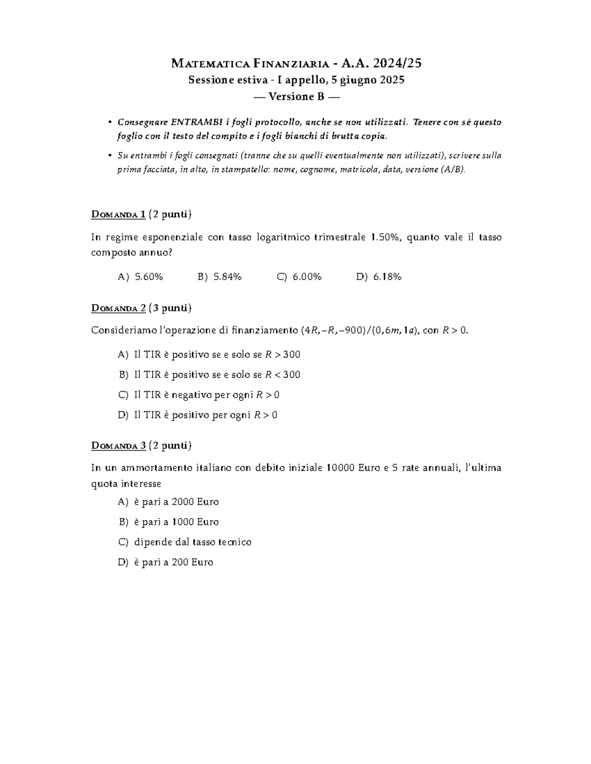 MF - Esame di Matematica Finanziaria A.A. 2025 - Appello 1 Versione B ...