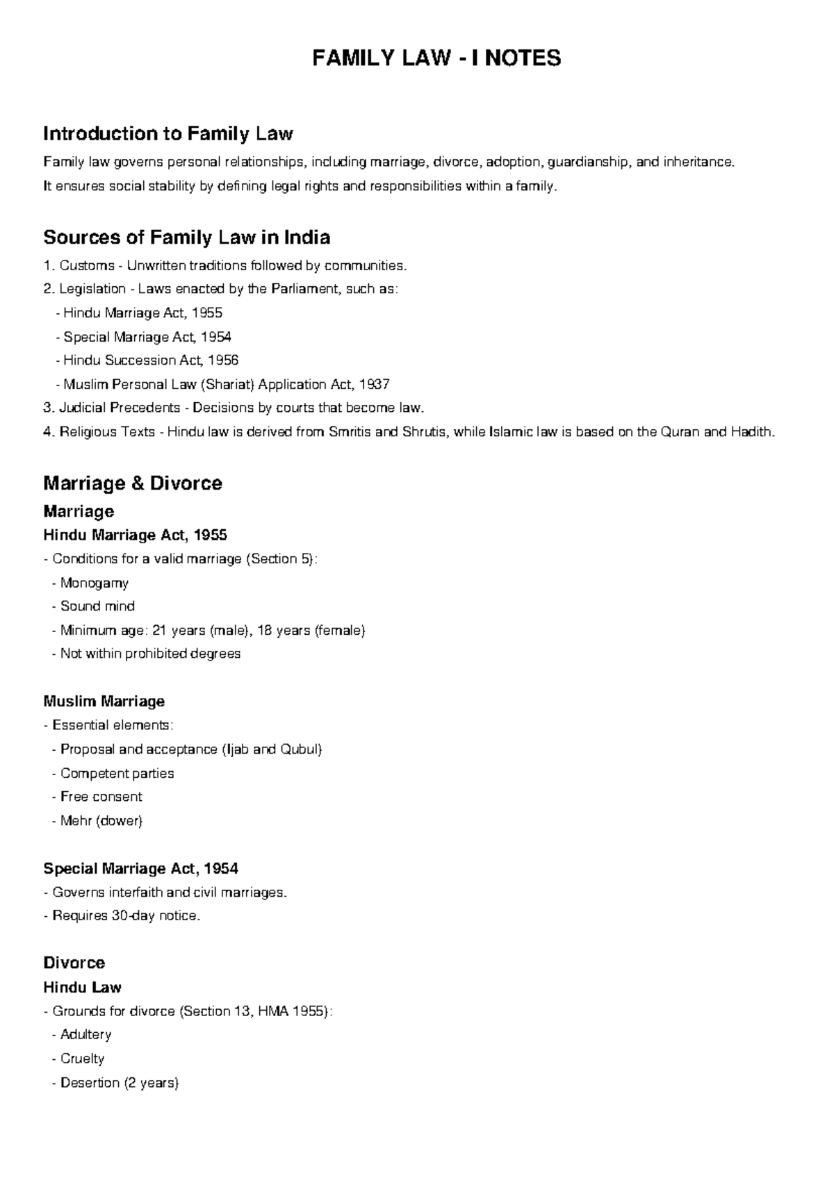 Family Law I Notes: Key Concepts and Legal Frameworks - Studocu