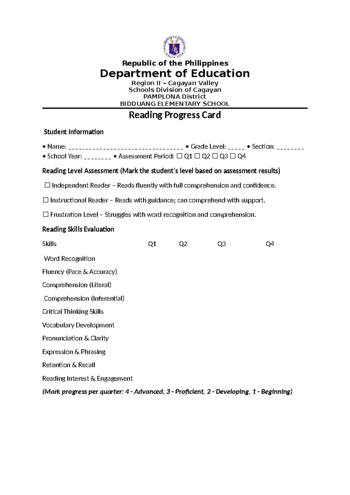 Reading Progress CARD final version - Republic of the Philippines ...