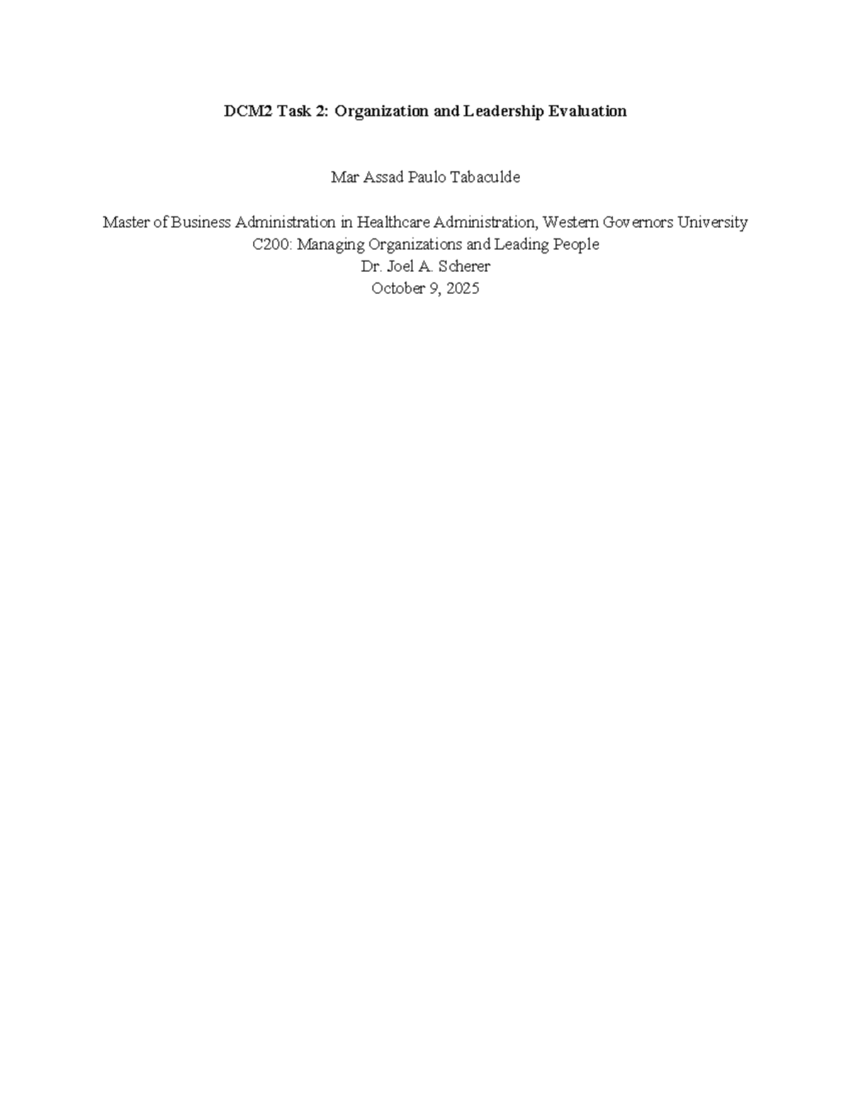C200 Task 2: Org & Leadership Evaluation of Total Health Inpatient Lab ...