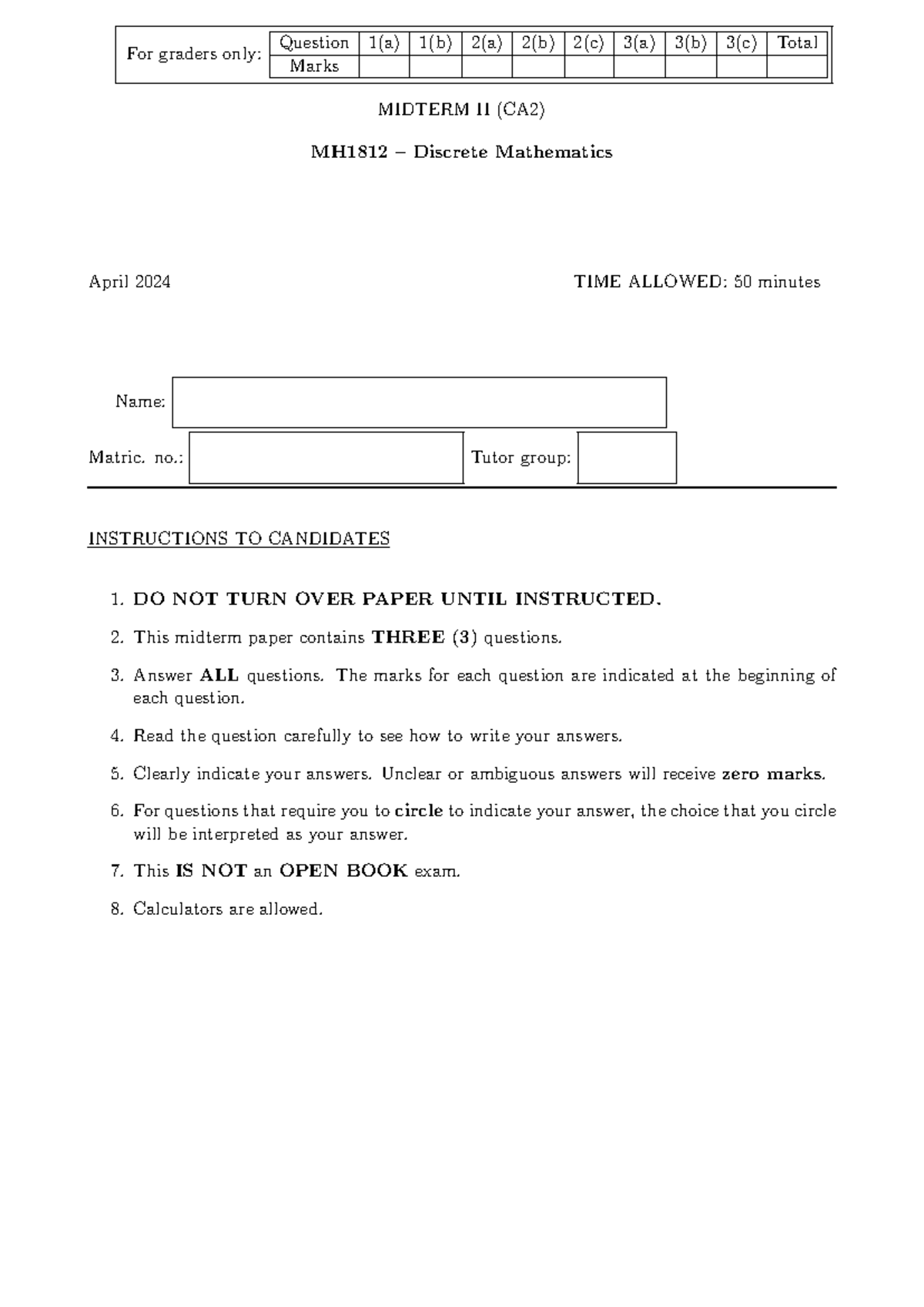 Midterm II (CA2) MH1812 Discrete Mathematics Exam Paper April 2024 ...