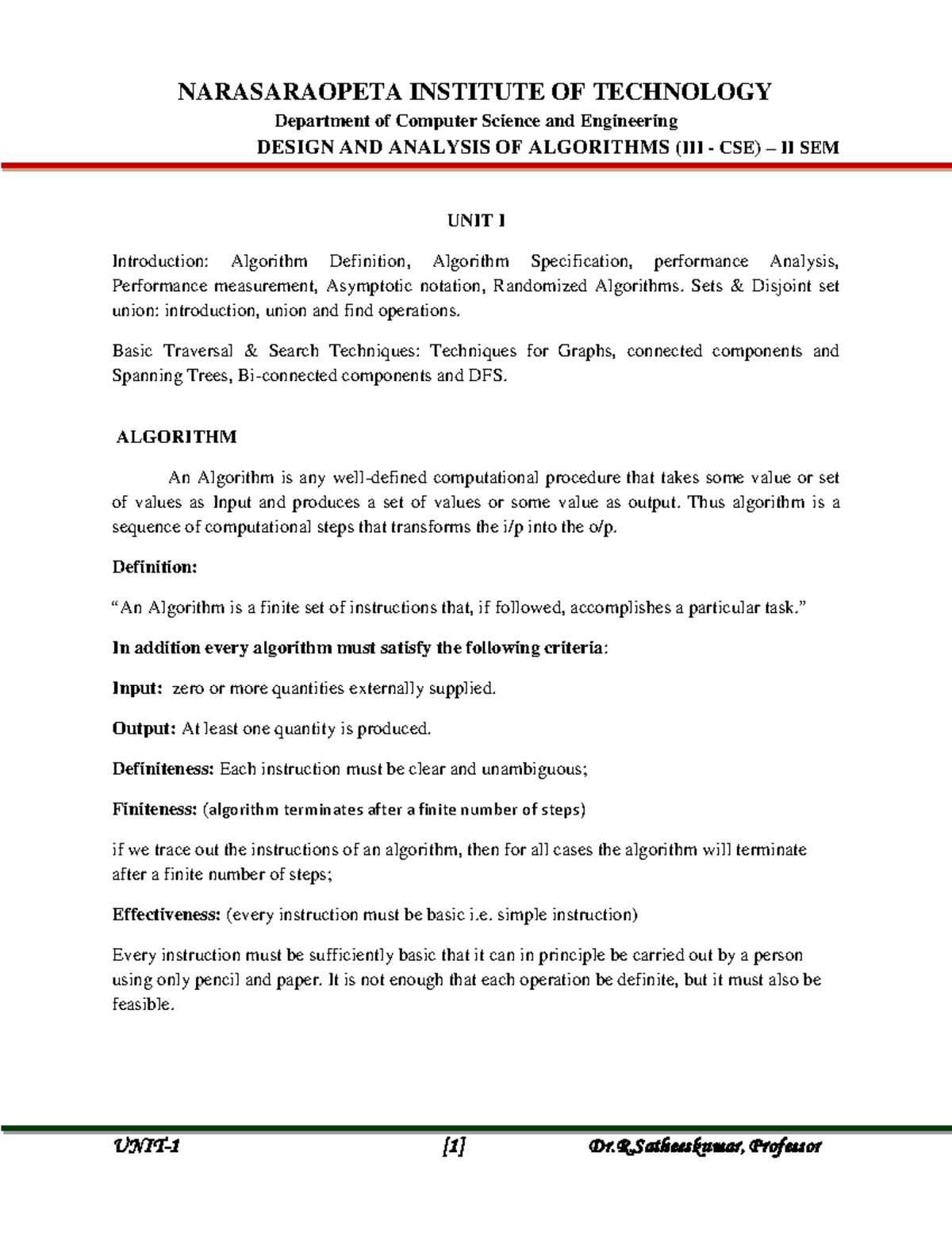 DAA III-CSE II SEM - Study Notes on Unit 1: Algorithms & Complexity ...