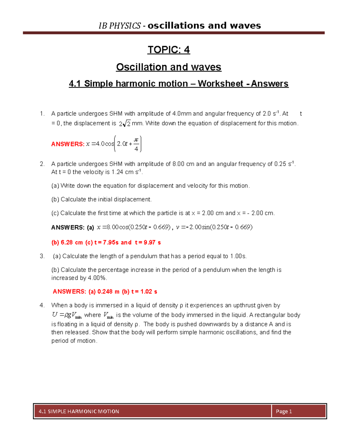 Simple Harmonic Motion Worksheet - Solutions (Physics 101) - Studocu
