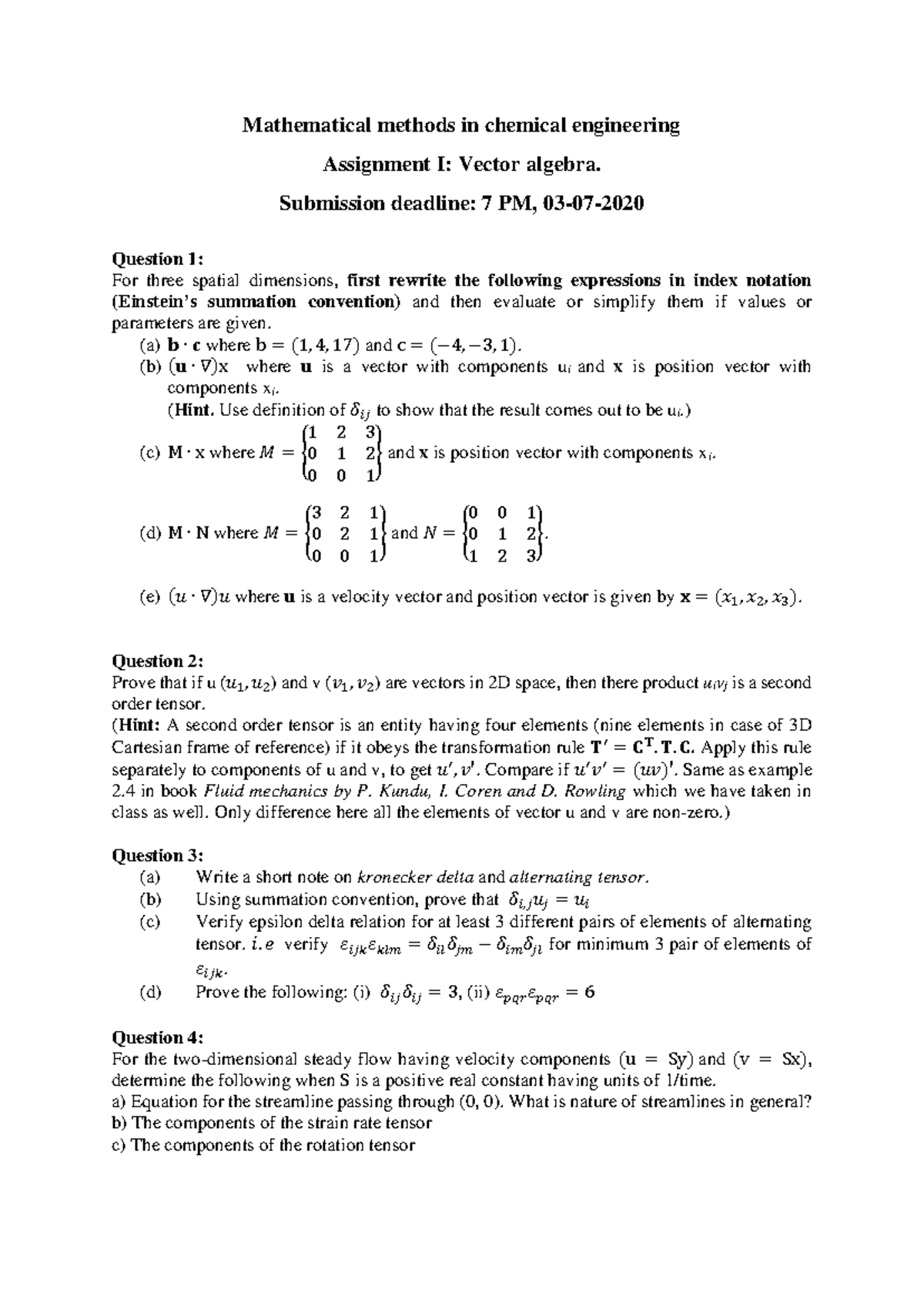 Mathematical Methods in Chemical Engineering: Sample Exam on Vector ...