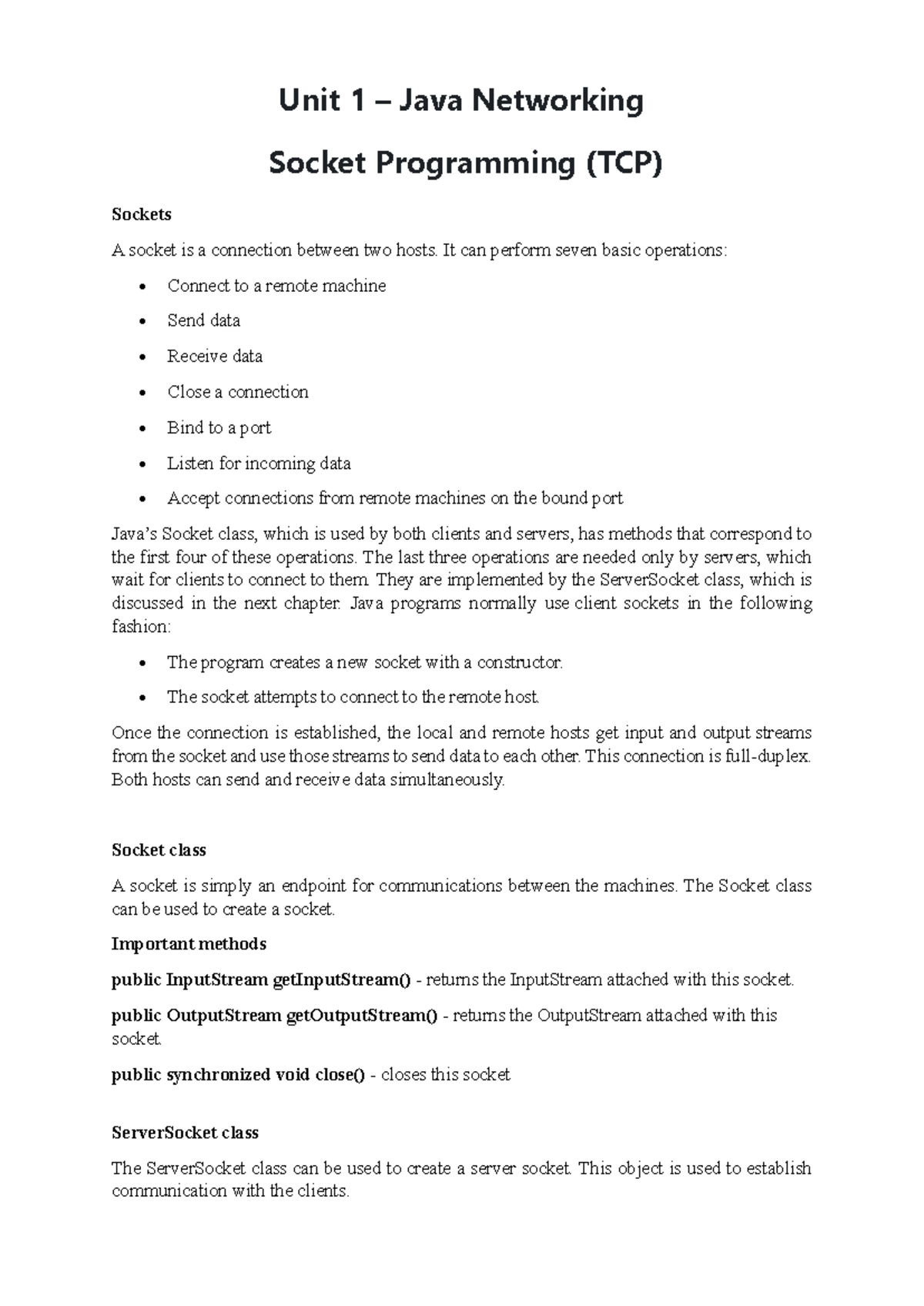 Unit 1: Secure Socket Communication in Java Networking (TCP) - Studocu