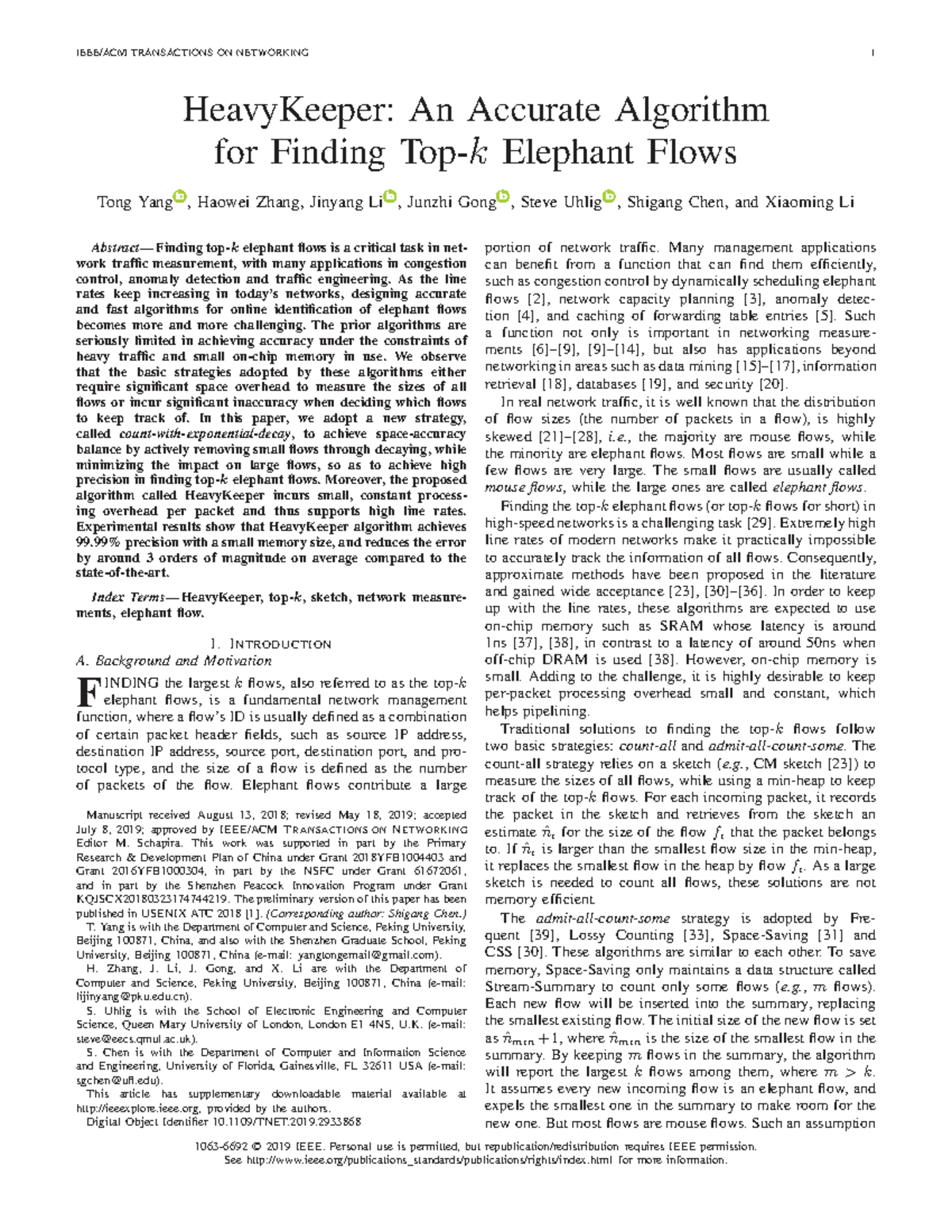 HeavyKeeper: Accurate Elephant Flow Detection Algorithm in Networking ...
